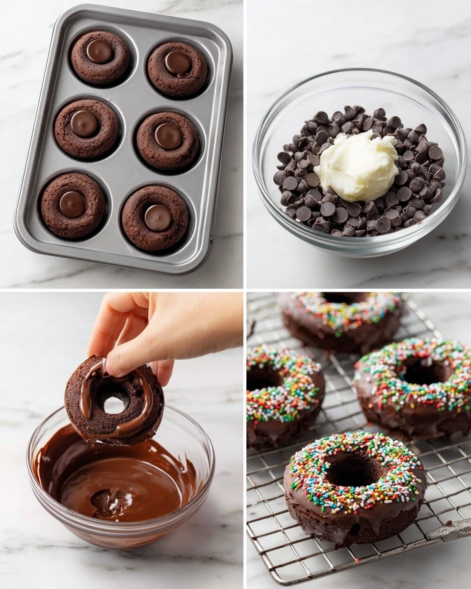 The image shows four stages of making chocolate donuts. The top left part shows six dark brown donuts in a metallic baking tray, each with a small round chocolate piece in the center. The top right part shows a clear bowl filled with many small, dark chocolate chips and a small blob of white butter on top, all sitting on a white marbled surface. The bottom left part shows a woman's hand dipping a dark brown donut into a bowl of smooth, shiny melted chocolate, with the donut partially covered in chocolate. The bottom right part shows a woman's hand adding colorful sprinkles on top of a glossy chocolate-coated donut placed on a wire rack over a white marbled surface. photo taken with an iphone --ar 4:5 --v 7