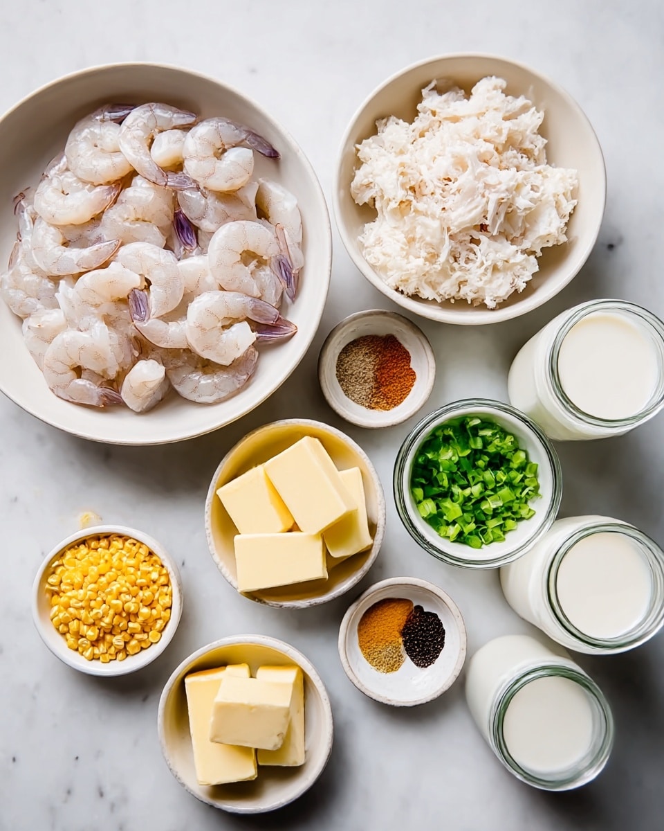 The image shows a top view of several white bowls and a glass placed on a white marbled surface. The largest bowl on the left contains raw shrimp, which are pale pink and translucent with some purple hues, and the bowl on the right contains shredded white crab meat with a soft texture. Below these, there is a white bowl with three thick, pale yellow sticks of butter, and to the left of it, a small white bowl filled with a cracked corn mixture of bright yellow and light cream. Above these, small round bowls hold different ingredients: one with various ground spices in shades of orange, brown, white, and black, and another filled with bright green chopped scallions. To the right, there are two glass jars filled with white liquid, likely milk or cream. The setup is neat and organized. Photo taken with an iphone --ar 4:5 --v 7