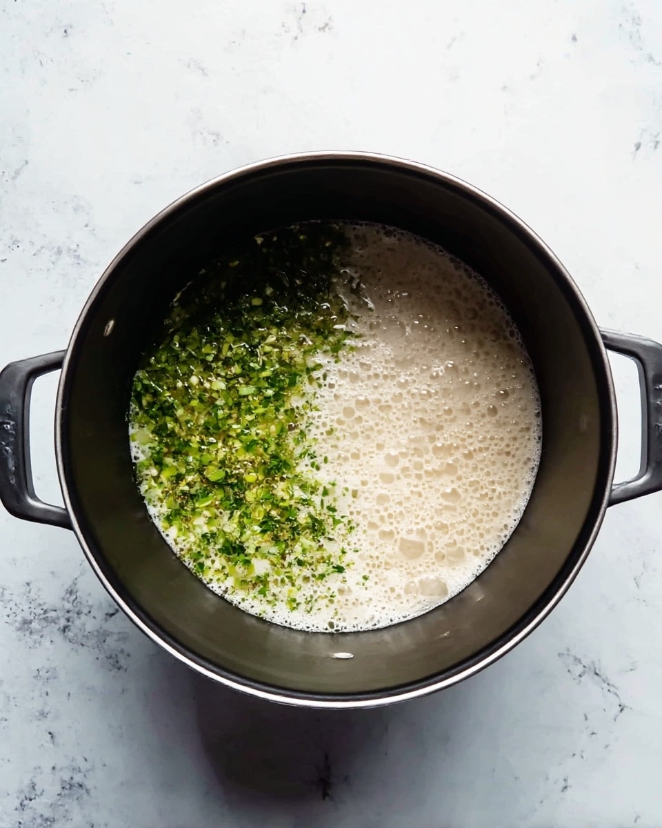 A black pot with two handles is shown from above, filled about halfway with a mixture. Inside the pot, there are two main parts: the left side is bright green with small chopped pieces, likely herbs or vegetables, and the right side is light beige with foam and bubbles on top, giving a textured look. The surface under the pot is a white marbled texture, providing a clean and bright background. photo taken with an iphone --ar 4:5 --v 7