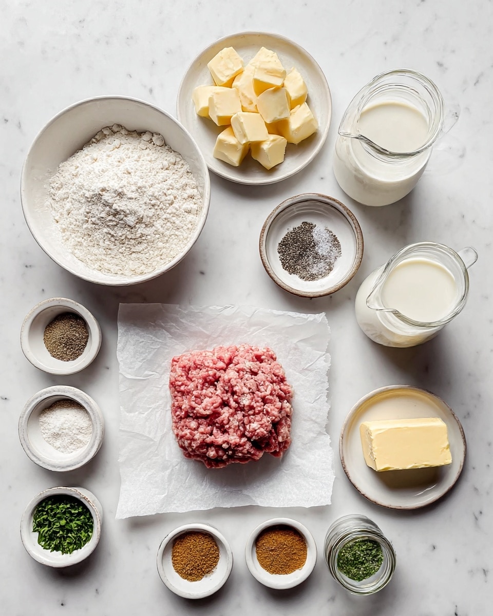 The image shows a white marbled surface with various small bowls and plates arranged neatly, each holding different cooking ingredients. In the center, there is a clump of raw minced meat placed on white parchment paper. To the left, a white bowl filled with white flour sits above a white plate holding small cubes of butter. Surrounding these are smaller bowls with black pepper, salt, and baking powder. On the right, there is a clear glass jug filled with milk next to a jar of cream and a small white plate with two slices of butter. There are also small white bowls containing chopped green herbs, flour, seasoning powder, and ground spices. The overall layout is clean, simple, and well organized. photo taken with an iphone --ar 4:5 --v 7