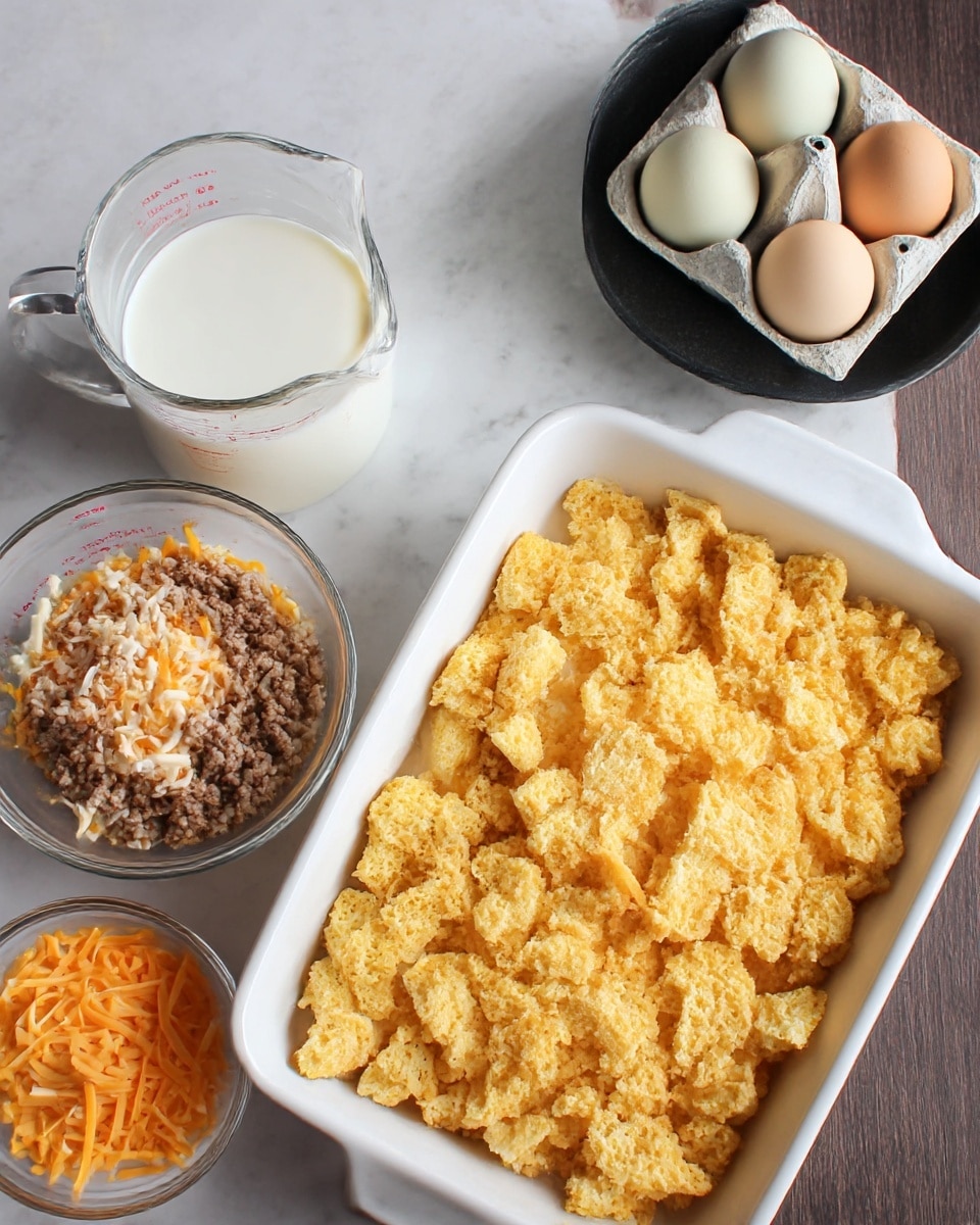 In the image, there is a white baking dish filled with a single top layer of roughly torn yellow bread pieces with a crumbly texture. Next to it, on a white marbled surface, there is a clear glass measuring cup filled with white milk, a small clear bowl full of shredded cheese in white and orange shades, a black pan containing cooked ground meat in small crumbles of light brown color, and a carton holding four whole eggs in pale green, beige, and light brown colors. The items are arranged with the baking dish on the top right, the measuring cup on the left, the cheese bowl in the middle, the pan below, and eggs to the right on the white marbled surface. Photo taken with an iphone --ar 4:5 --v 7