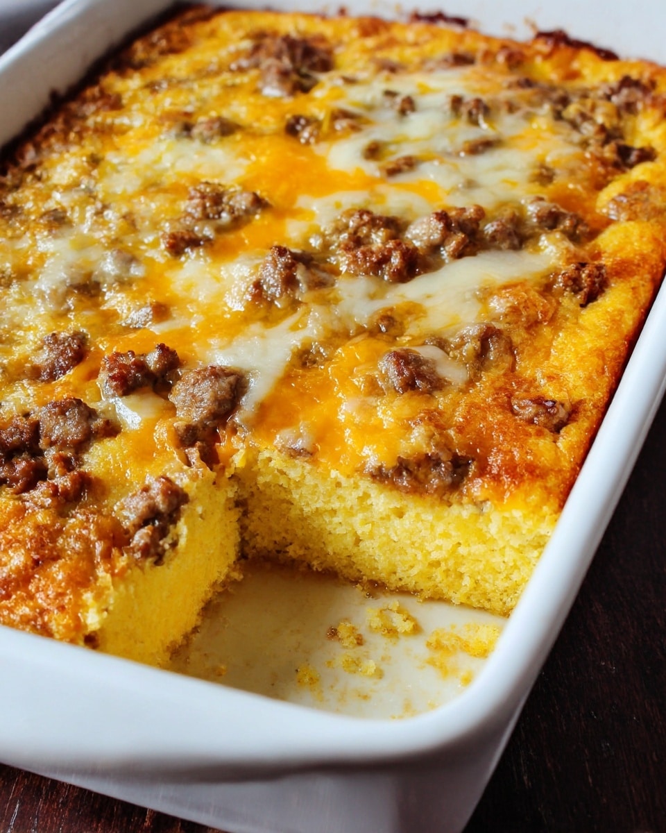 This image shows a white baking dish filled with a layered casserole. The bottom layer is a soft and fluffy yellow cornbread base. Above that is a layer of cooked ground sausage meat, browned with some small chunks visible. The top layer is melted cheese, with a mix of white and light orange colors, that creates a slightly soft and bubbly texture spread evenly over the sausage. The casserole has some browned spots where the cheese and meat edges meet. The dish is placed on a dark surface that contrasts with the white dish. photo taken with an iphone --ar 4:5 --v 7
