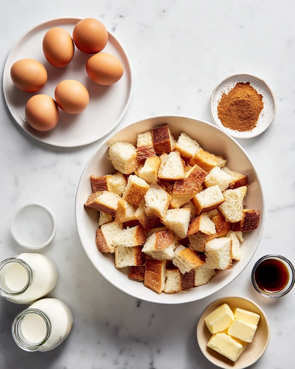 A white bowl filled with many cubed pieces of bread, showing a mix of fluffy white inside and golden brown crusts; to the left, there is a white plate holding six brown eggs; above it, a small white dish containing a mound of brown cinnamon powder; below the cinnamon, a small white container holds dark vanilla extract; next to that, a small beige dish holds two square slices of pale butter; at the bottom left corner, two glass bottles with milk sit on a white marbled surface; the overall scene is bright and clean, arranged neatly for baking preparation, photo taken with an iphone --ar 4:5 --v 7