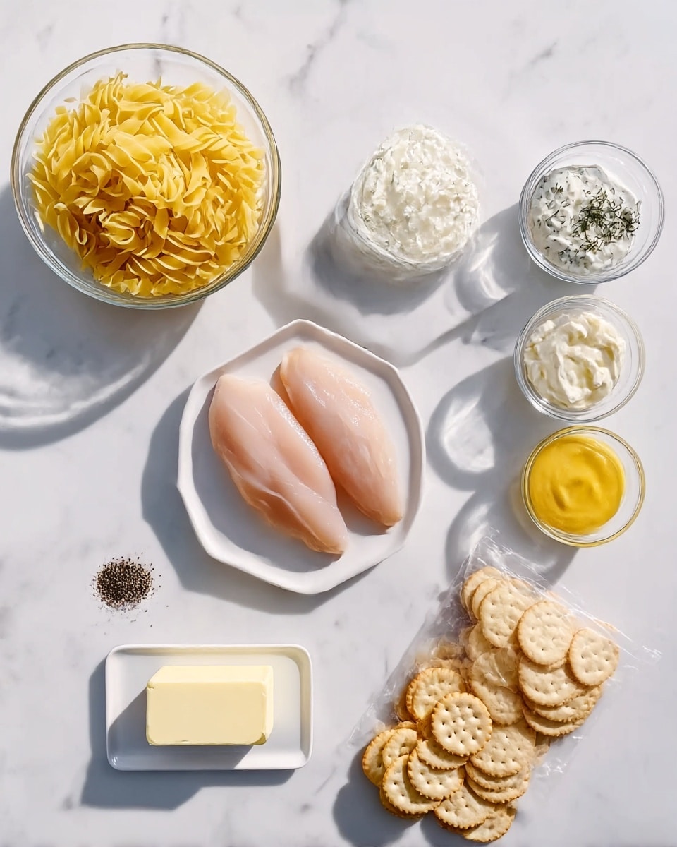 The image shows seven food items placed on a white marbled surface. At the top left, there is a clear glass bowl filled with yellow uncooked egg noodles. In the center top, on a white hexagonal plate, there are two pieces of raw chicken fillets with a smooth texture and pale pink color. At the top right, there are three small clear glass bowls arranged in a slight arc; the left one has a white sauce with herbs, the middle bowl contains a bright yellow creamy sauce, and the right bowl holds plain white sour cream. At the bottom left, on a small rectangular white plate, there is a solid rectangular stick of butter. Below the butter plate, there is a tiny white dish with ground black pepper. On the bottom right, there is an open package of round, light golden-brown crackers spilling out onto the white marbled surface. The lighting is bright and natural, showing the colors clearly. photo taken with an iphone --ar 4:5 --v 7