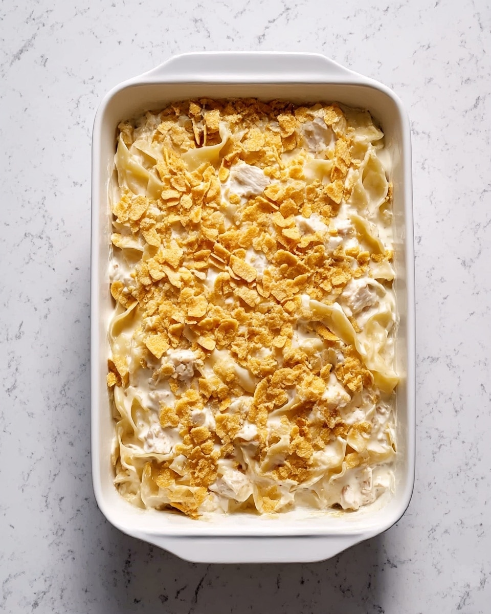 A white rectangular baking dish filled with a creamy pasta bake. The dish has one visible layer of wide pasta noodles covered in a thick, white cream sauce mixed with small pieces of white meat. On top, there is a layer of crushed golden-yellow crackers spread evenly across the surface. The dish is placed on a white marbled surface. photo taken with an iphone --ar 4:5 --v 7