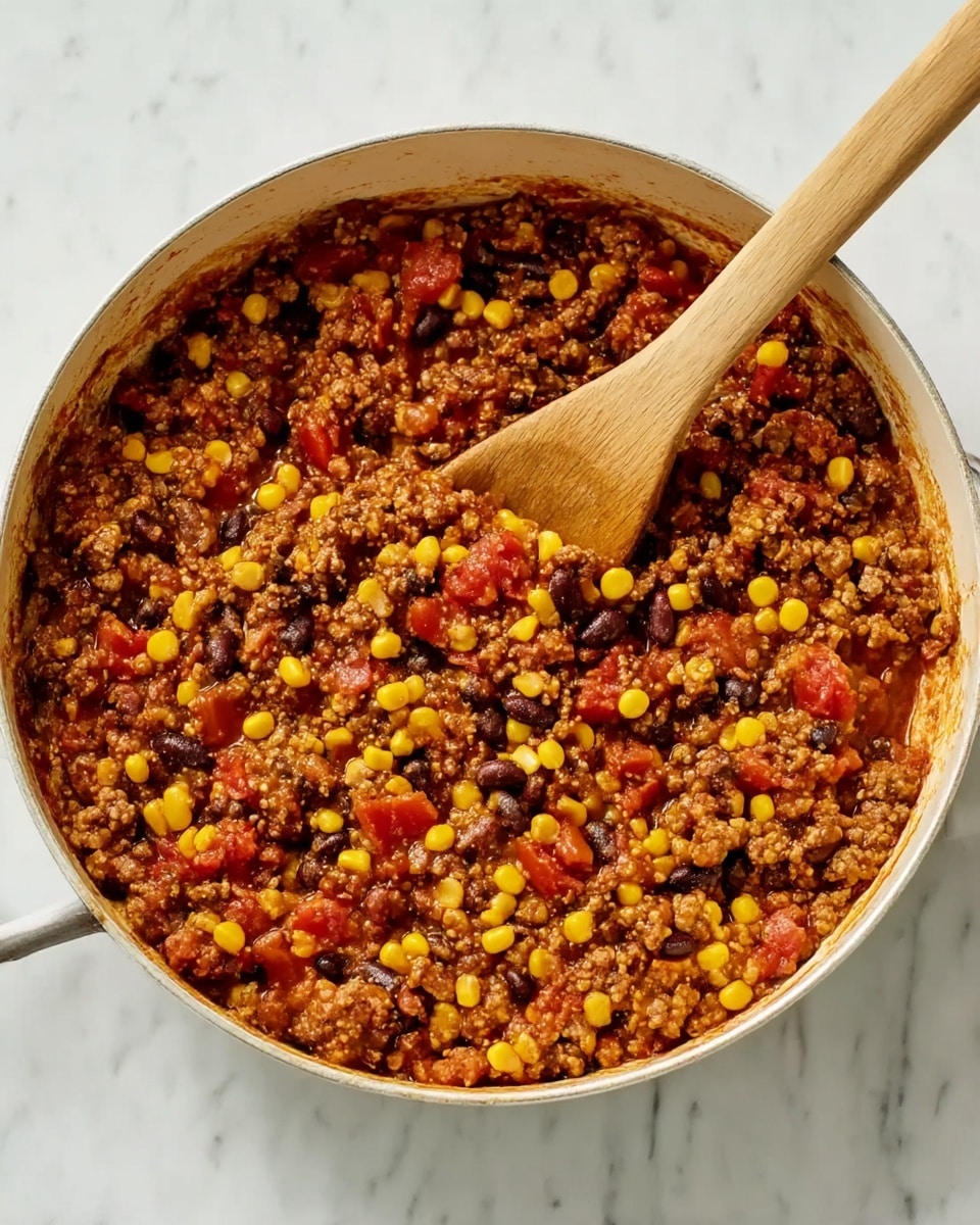 A close-up view of a white pan filled with a thick mix of cooked ground meat, small yellow corn kernels, black beans, and diced red tomatoes. The texture looks chunky with the ingredients evenly spread and mixed together. A wooden spoon is placed inside the pan, partly stirring the mixture, showing some of the ingredients on it. The pan sits on a white marbled surface, enhancing the rich colors of the food. The scene is bright, making the vibrant yellows, reds, and browns stand out vividly. photo taken with an iphone --ar 4:5 --v 7