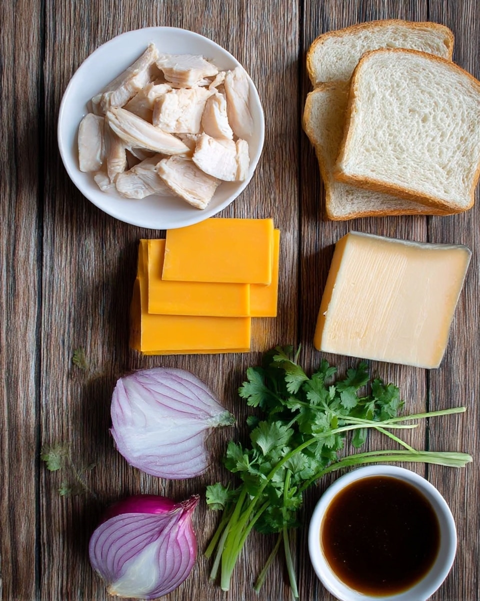 The image shows sandwich ingredients arranged neatly on a wooden surface. At the top right, there are two slices of white bread with a soft texture and fluffy inside. To the left of the bread is a white bowl holding lightly grilled chicken pieces that are white with a few browned spots. Below the chicken are several square slices of bright orange cheddar cheese stacked neatly. To the right of the cheese, there is a block of firm Swiss-style cheese with a light creamy color and a brown rind on one edge. Below the cheese and chicken, a half red onion with smooth purple layers is placed next to fresh green cilantro with vibrant leaves and long stems stretched diagonally. At the bottom right corner, a small white bowl contains a thick dark brown sauce with a glossy surface. The whole setup is on a wooden plank surface. photo taken with an iphone --ar 4:5 --v 7