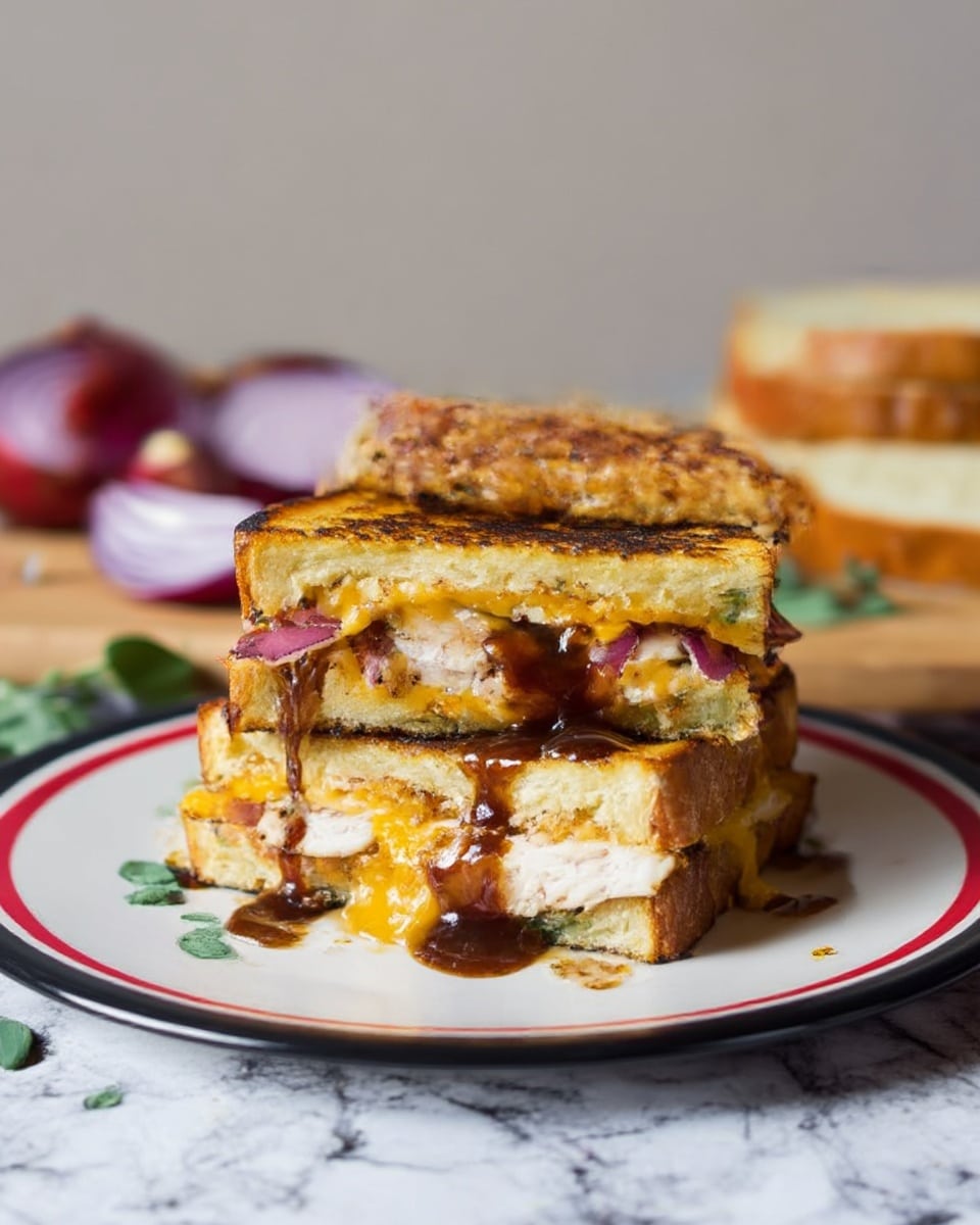 The image shows a toasted sandwich with two layers on a white plate with a red and black rim. The sandwich has two thick slices of toasted bread, golden brown with a crispy texture. Between the layers, there are pieces of white chicken with a slightly browned edge, melted yellow cheese, dark sauce dripping slightly, and slices of red onion. The sandwich is stacked with the top piece tilted, revealing the filling clearly. The background is a white marbled texture with sliced bread, red onion halves, and some green leaves blurred in the back. photo taken with an iphone --ar 4:5 --v 7