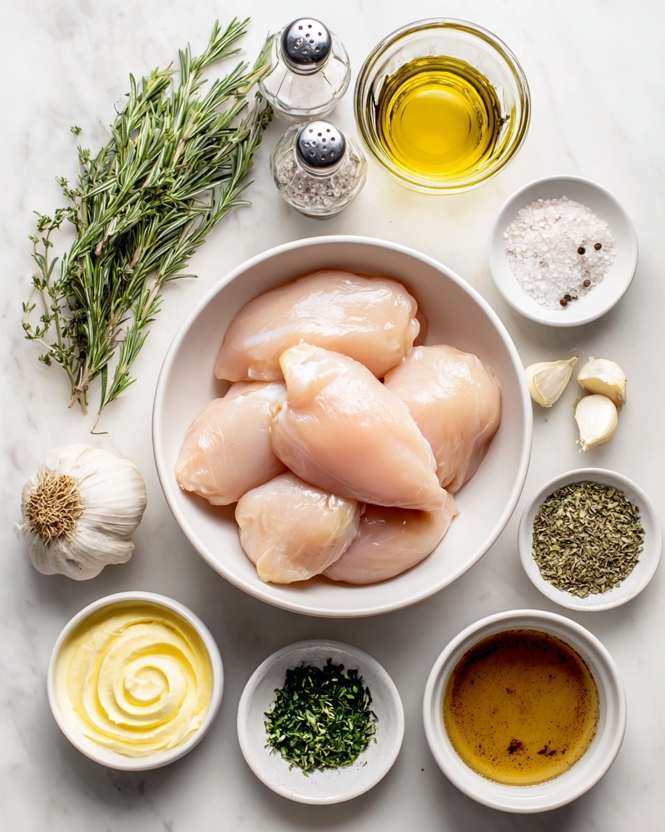 The image shows a top-down view of various raw cooking ingredients arranged neatly on a white marbled surface. At the center is a round white bowl filled with four pale pink chicken breasts, smooth and glossy. Surrounding the bowl are smaller white dishes holding different items: fresh green rosemary sprigs in one, several garlic cloves with light brown skin in another, and dried oregano, thyme, and parsley herbs scattered in three separate small bowls. There is also a small bowl with a swirl of creamy yellow butter, another with golden olive oil, and one with light brown chicken broth. Two clear glass shakers containing salt and black pepper are positioned at the top. Each ingredient is labeled with clean black text boxes. The setup is bright, clean, and organized, showing a fresh cooking scene. Photo taken with an iphone --ar 4:5 --v 7