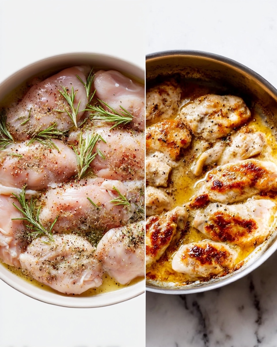 The image shows two side-by-side photos of raw and cooked seasoned chicken pieces. On the left, the raw chicken pieces lie flat in a shallow white bowl on a white marbled surface, topped with green herbs like rosemary and sprinkled with pepper and spices. On the right, the cooked chicken pieces are in a round metal pan with a browning golden crust on top, showing a mix of white and brown colors with some caramelized spots. The pan sits on a white marbled surface, and the lighting highlights the sizzling texture of the cooked chicken. Photo taken with an iphone --ar 4:5 --v 7