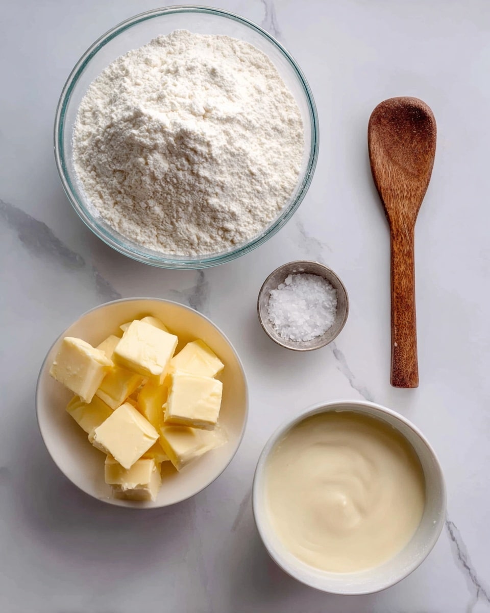 The image shows ingredients for a recipe placed on a white marbled surface. There is a clear glass bowl at the top filled with white flour, below it on the left side is a white bowl with several small yellow butter pieces, in the middle is a small metal spoon with salt, and on the right side is a wooden spoon filled with creamy condensed milk. Photo taken with an iphone --ar 4:5 --v 7