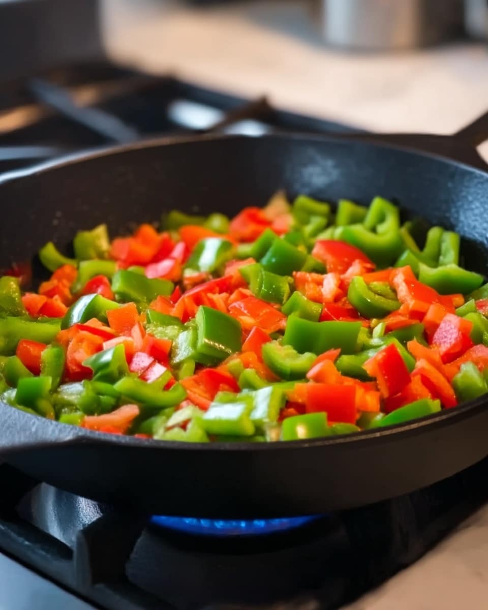 Inside a black cast iron pan on a stove, there is a mix of chopped red and green bell peppers. The pieces are uneven and chunky, spread evenly across the pan. The pan’s edge is thick and dark, and the background shows a soft blurred kitchen scene. The light highlights the fresh, shiny skin of the peppers, and the pan rests on a blue flame. The whole scene is set on a white marbled surface. photo taken with an iphone --ar 4:5 --v 7
