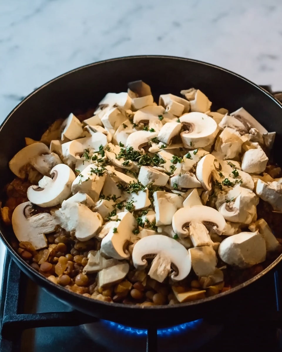 The image shows a black pan filled with a mix of food in layers. The bottom layer has brown and tan ingredients, likely beans or lentils, with a soft texture. On top, there is a generous layer of white sliced mushrooms scattered all over, some pieces large and some smaller. There are small green herb pieces sprinkled over the mushrooms, adding color contrast. The pan is on a stove with a blue flame visible underneath. The background surface is a white marbled texture. photo taken with an iphone --ar 4:5 --v 7