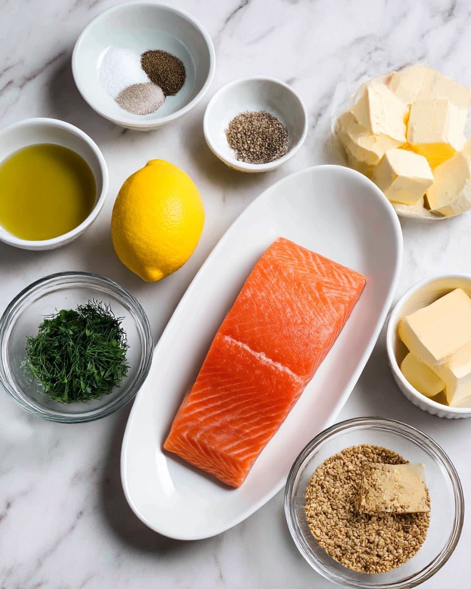 The image shows a meal setup on a white marbled surface featuring a single thick piece of raw salmon with skin on the bottom on a white oval plate at the center. Surrounding the salmon are small bowls of ingredients: to the left, a bowl of green oil, a bowl of salt and black pepper, and a bright yellow whole lemon. Below the lemon, there is a bowl of fresh green herbs and a glass bowl with several large pale yellow butter cubes. To the right of the butter is a small bowl with a block of pale hard cheese, and next to it, a white bowl filled with grainy brown mustard. The colors range from the bright orange of the salmon, the yellow of the lemon and butter, the green herbs and oil, to the neutral white of the bowls and marbled surface. photo taken with an iphone --ar 4:5 --v 7