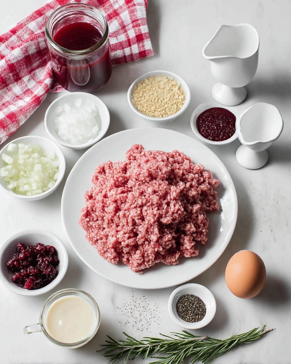 A white plate holds a large mound of raw ground meat, pink and textured, in the center of a white marbled surface. Around it are small white bowls with different ingredients: finely chopped onions with a soft white texture, dark red chopped pieces, a deep red sauce in a small bowl, and light golden breadcrumbs. A small glass container of creamy white sauce sits near the plate. There is also a jar filled with a dark reddish liquid, an egg in a white egg holder, and two small white dishes with dry spices including black pepper, salt, and dried herbs. A sprig of fresh rosemary lies on the surface, and a red and white checked cloth is folded in the background. Photo taken with an iphone --ar 4:5 --v 7