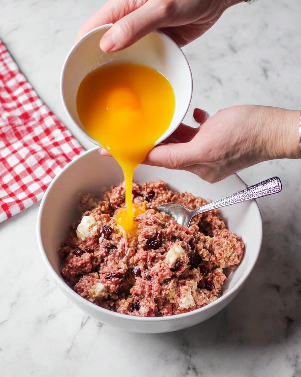 A white bowl is filled with a mix of raw minced meat, small bits of white bread pieces, and dark red dried berries, creating a textured, uneven surface with a combination of pink, white, and dark red colors. A woman's hand is holding a smaller white bowl above it, pouring bright orange liquid yolk over the meat mixture, adding a vivid splash of color flowing over the rough texture. A metallic spoon with a simple pattern rests inside the large white bowl. The scene is set on a white marbled surface with a red and white checkered cloth in the top left corner. Photo taken with an iphone --ar 4:5 --v 7