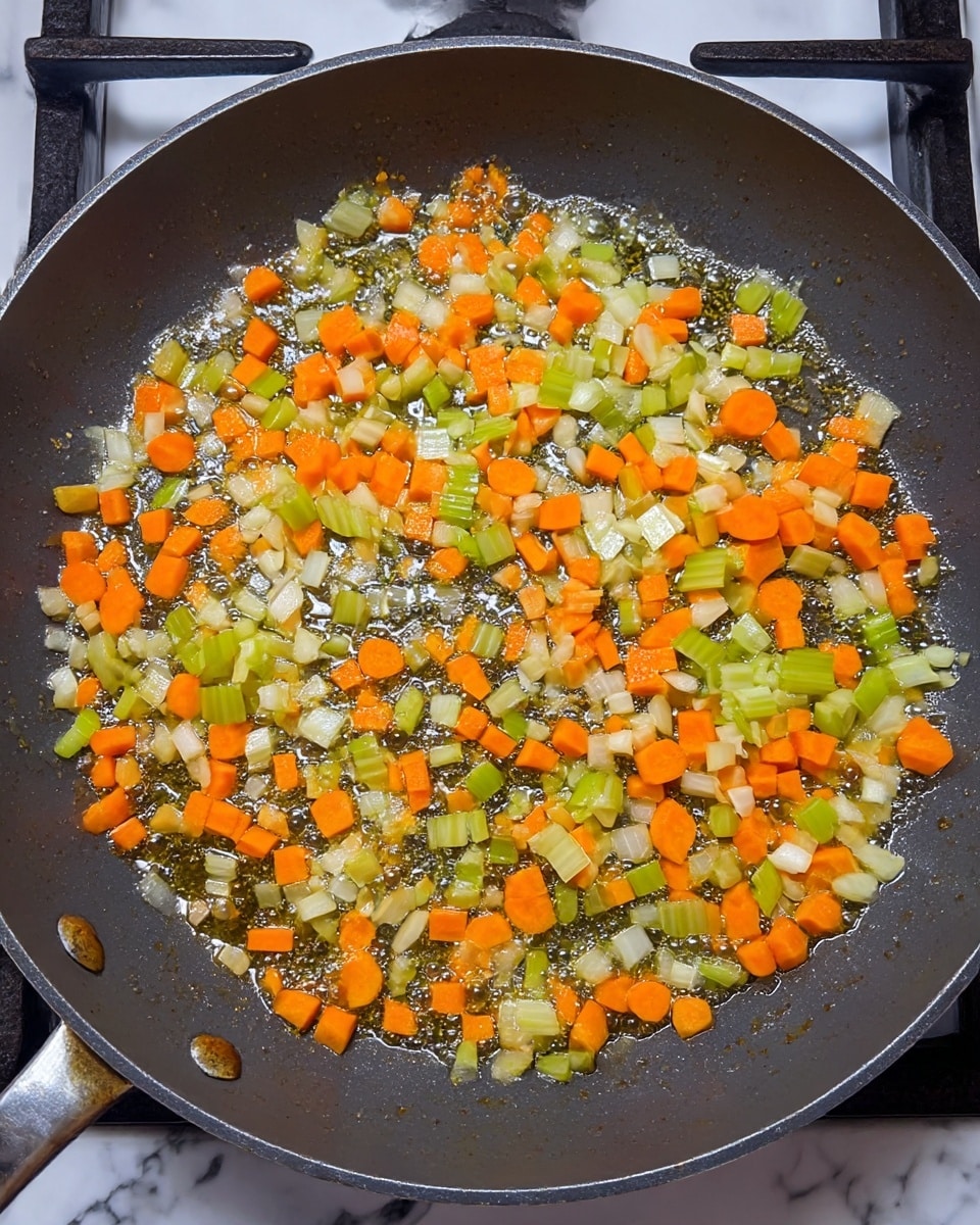 A top-down view of a dark grey frying pan on a stove, filled with a single layer of small diced vegetables being cooked in bubbling oil. The vegetables include bright orange carrots, light green celery, and translucent white onions evenly mixed. The vegetables cover the bottom of the pan, showing a shiny texture from the oil and slight softening from cooking. The background is a white marbled surface. photo taken with an iphone --ar 4:5 --v 7