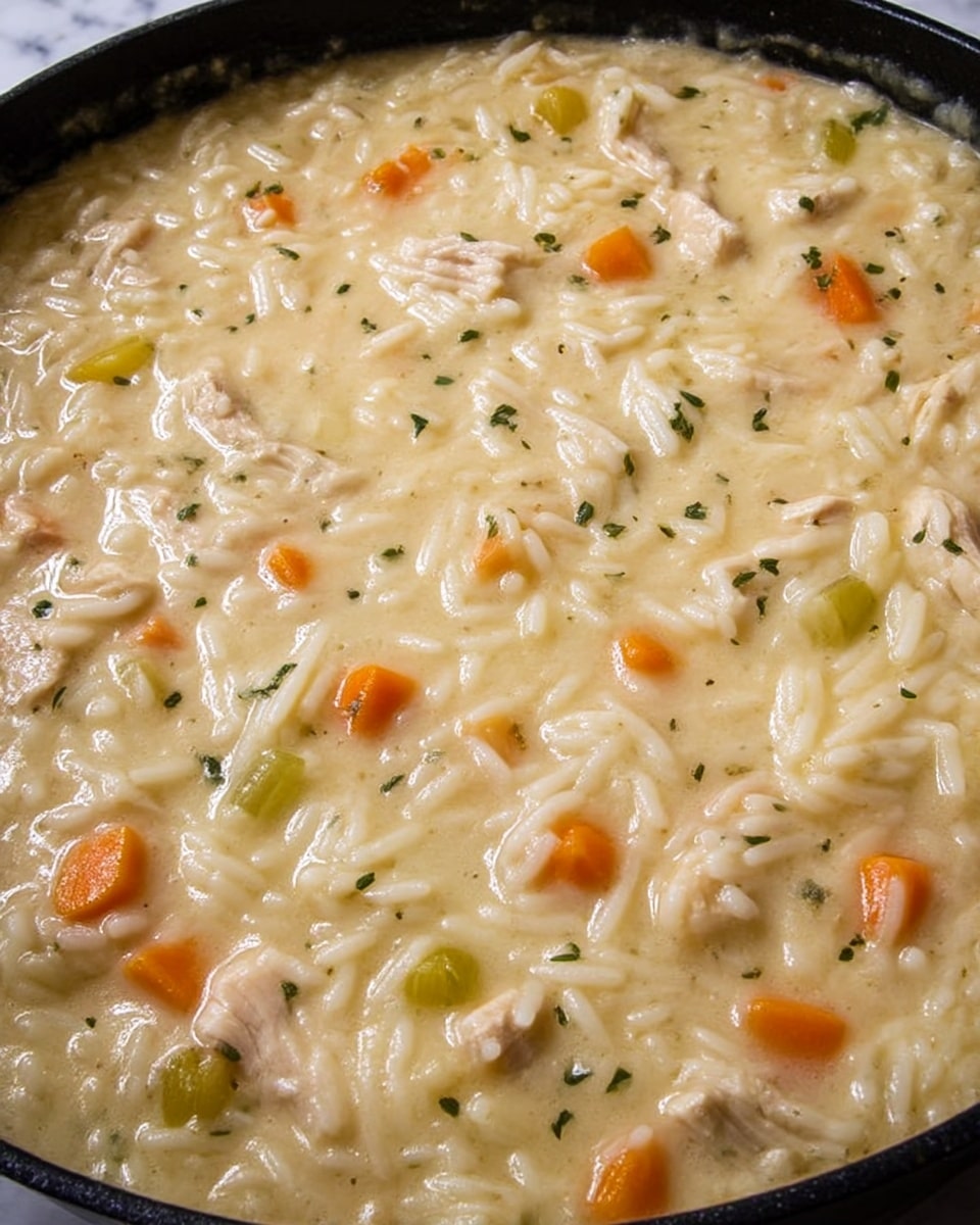 A close-up of a black pan filled with creamy chicken and rice soup, showing a thick, pale yellow broth mixed with soft white rice grains evenly spread throughout. Small pieces of light brown cooked chicken are scattered across the dish, along with evenly distributed diced orange carrots and green celery, adding pops of color. Tiny green herbs are sprinkled on top, adding a fresh touch. The soup looks smooth and rich with a slightly glossy texture. The background is a white marbled surface photo taken with an iphone --ar 4:5 --v 7