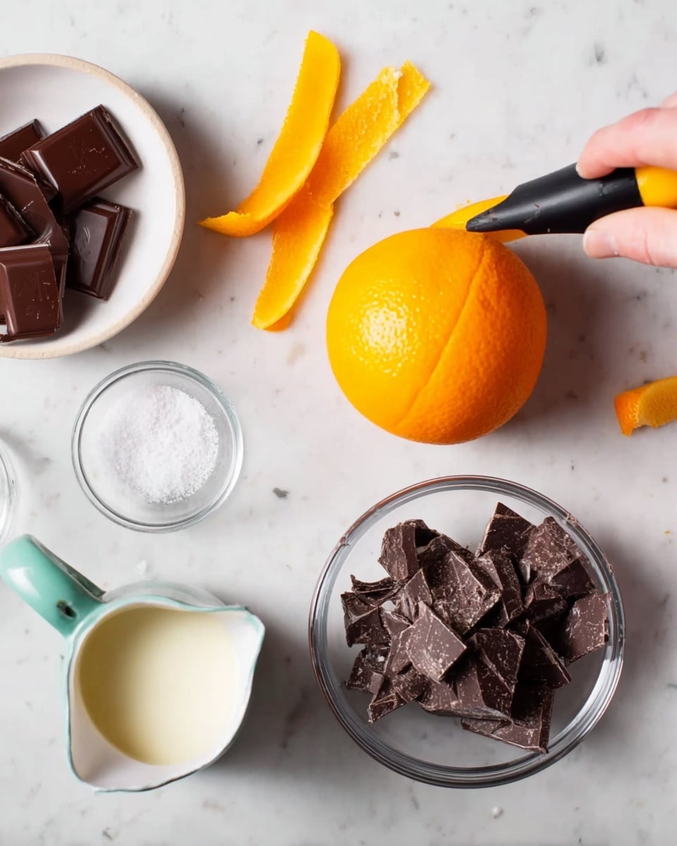 A white marbled surface holds the ingredients for a dessert: an orange with a woman's hand peeling its skin using a black peeler, strips of bright orange peel lying flat nearby; next to it is a small white bowl with shiny dark brown chocolate squares, a small glass bowl of white salt, and a white measuring jug filled with creamy white liquid; finally, a clear glass bowl contains broken pieces of dark chocolate with rough edges. photo taken with an iphone --ar 4:5 --v 7