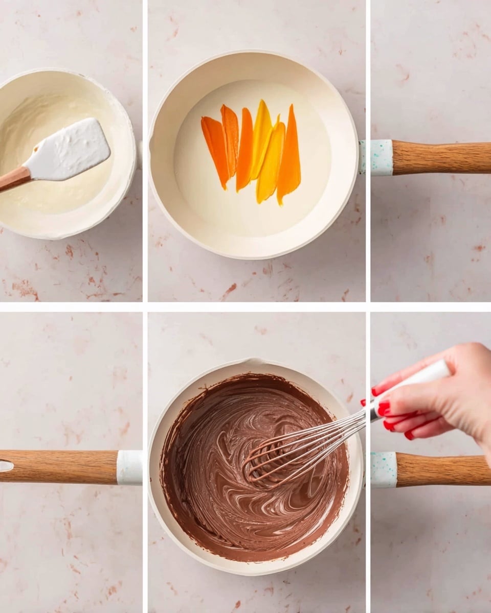 The images show a white pan with a wooden handle on a white marbled surface. In the first image, there is a layer of white cream-like liquid at the bottom with a few bright orange strips on top, sitting in the middle. In the second image, a woman's hand with red nail polish holds a white spatula lifting one of the orange strips from the white liquid. In the third image, the white pan contains a rich brown chocolate mixture with swirls, and a woman's hand is holding a whisk, stirring the mixture. photo taken with an iphone --ar 4:5 --v 7