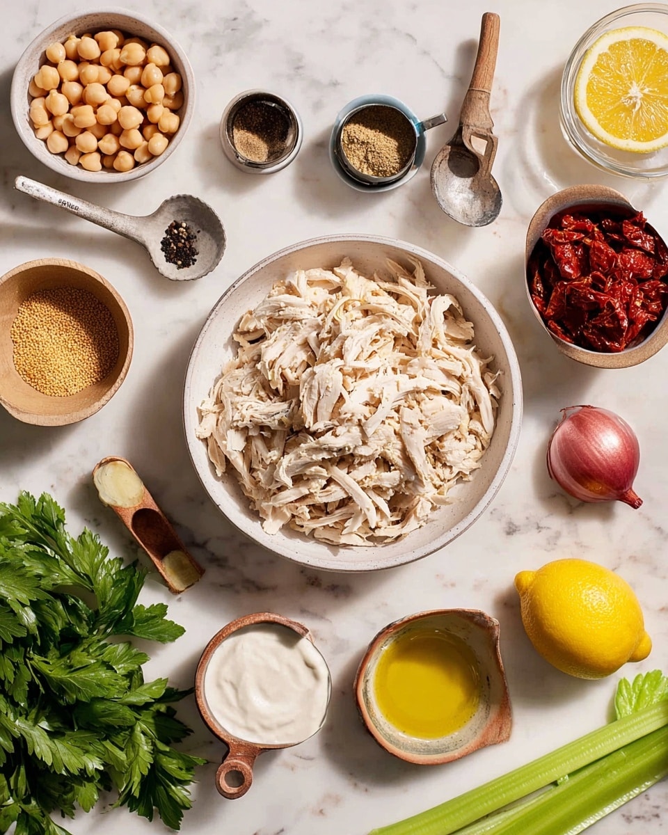The image shows a white marbled surface with a round white bowl in the center filled with shredded white chicken. Surrounding the bowl are different small white bowls and measuring cups with varied ingredients: beige chickpeas in a can, grainy mustard in a small bowl, red sun-dried tomatoes in a metal measuring cup, black pepper in a small dish with a wooden spoon, yellow oil in a small bowl, white creamy yogurt or sour cream in a metal measuring cup, a whole yellow lemon, fresh green parsley bunch, two long light green celery stalks, a small red onion, and a clove of garlic. All items are neatly arranged around the center bowl. photo taken with an iphone --ar 4:5 --v 7