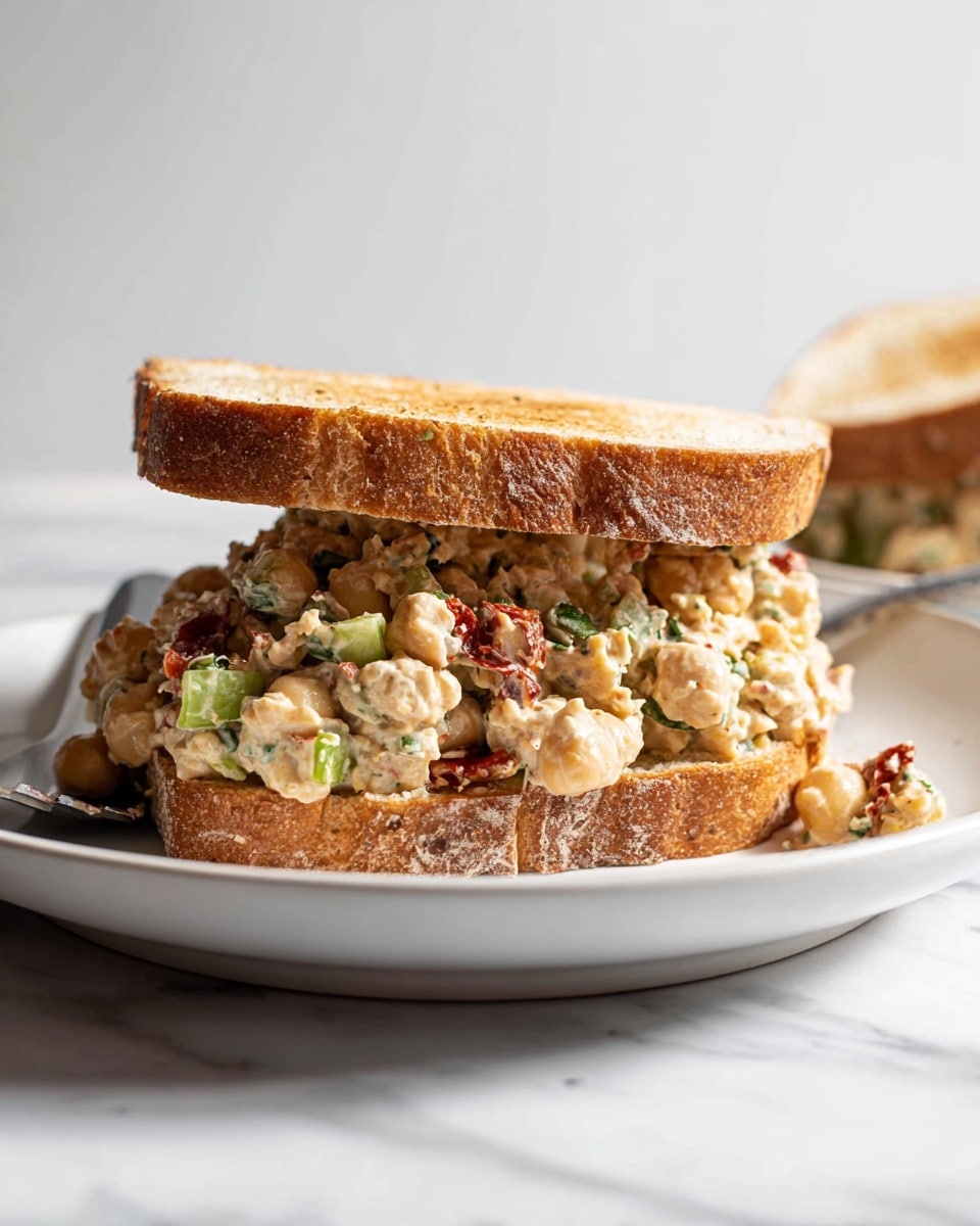 A sandwich on a white plate with two slices of toasted light brown bread on top and bottom. Between the slices is a thick filling made of chickpeas, diced celery, small pieces of red sun-dried tomato, and green herbs mixed with a creamy sauce. The sandwich filling looks chunky with a mix of cream color, green, and red bits. The plate is on a white marbled surface with a soft background. photo taken with an iphone --ar 4:5 --v 7