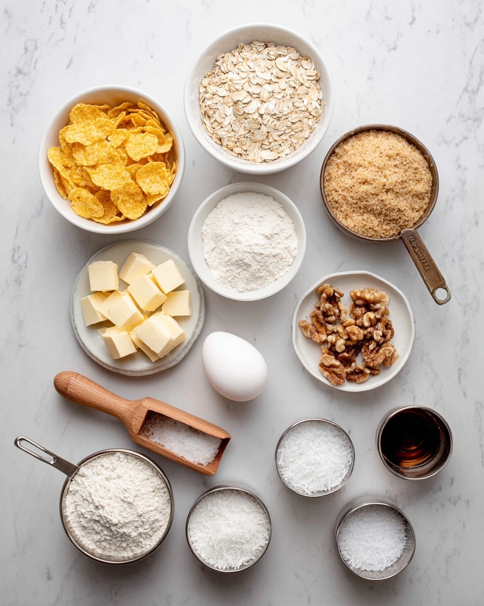 The image shows a white marbled surface with several bowls and measuring cups arranged neatly containing different ingredients for baking. There are seven white bowls: one filled with yellow cornflakes at the bottom left, one with pale beige rolled oats above it, one with white sugar in the middle, one with light yellow butter chunks slightly to the right, and one with chopped brown nuts at the top. There are also two wooden measuring scoops, one filled with white flour near the bottom left and another with white shredded coconut near the top right. A metal measuring cup filled with light brown sugar is near the top right. In addition, there is a single white egg placed between the sugar bowl and the butter bowl. Three small metal bowls with white salt, white baking powder, and another white powder are arranged near the bottom right. A small dark brown cup with vanilla extract is near the center right. Photo taken with an iphone --ar 4:5 --v 7