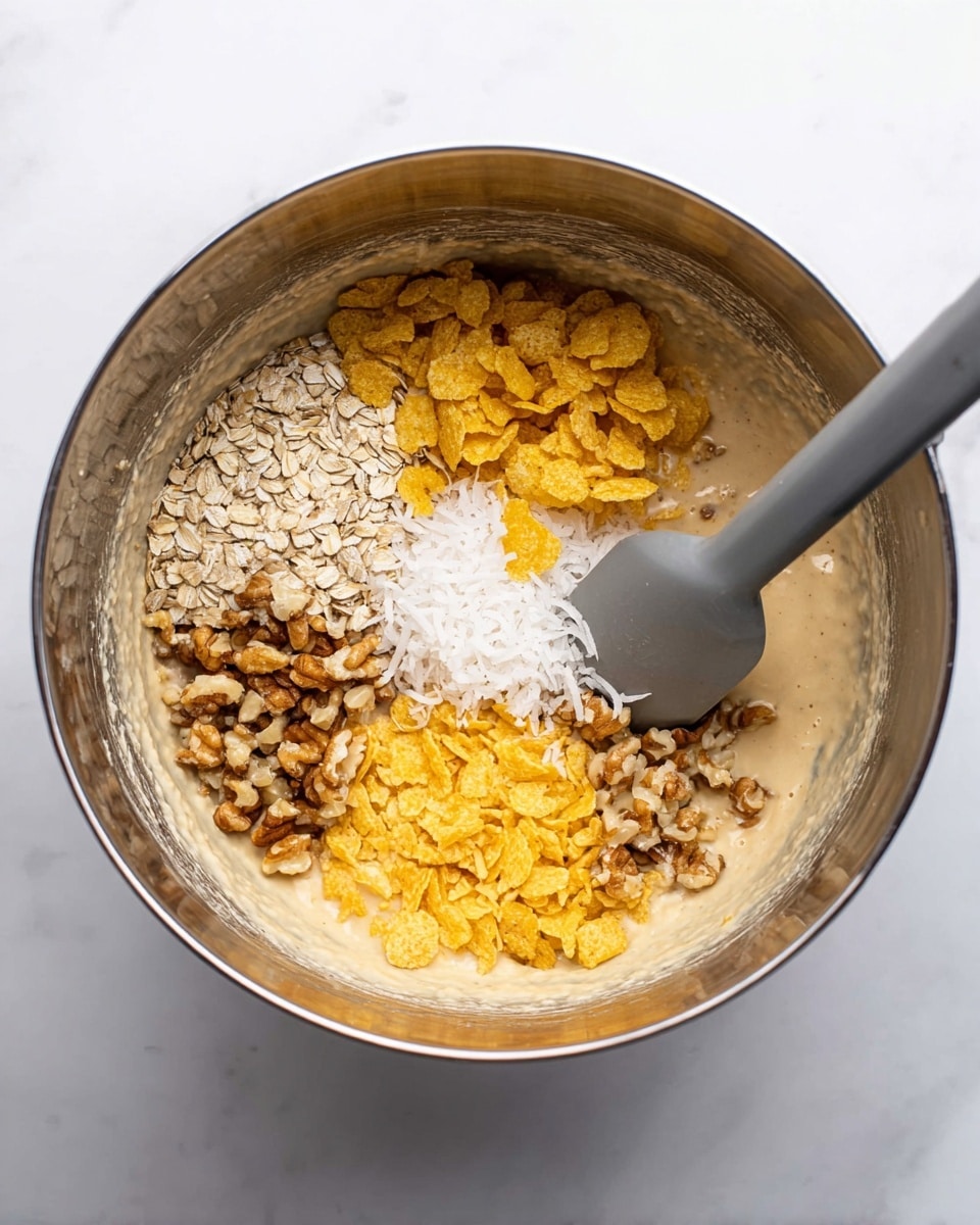 The image shows a metal mixing bowl with four distinct layers of ingredients inside. The bottom layer is creamy beige batter that coats the sides of the bowl. On top, from left to right, there are pale beige rolled oats, small chopped brown nuts, white shredded coconut, and golden yellow cornflakes. A grey spatula is placed inside the bowl, resting vertically with some batter stuck on it. The bowl sits on a white marbled surface. photo taken with an iphone --ar 4:5 --v 7