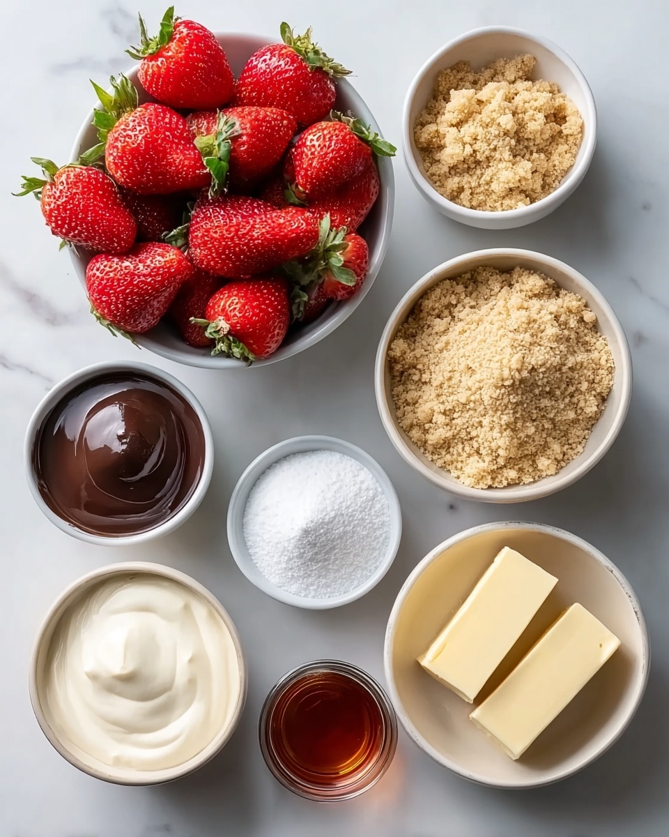 The image shows seven small white bowls arranged on a white marbled surface. The top left bowl is full of bright red strawberries with green leaves on top. Next to it, on the right, is a bowl filled with light brown crumbly mixture, and above that is a tiny bowl with a smaller amount of the same crumbly mixture. On the bottom left, there is a bowl with smooth, white creamy texture. To the right of it is a small bowl with a shiny dark brown chocolate-like substance. Above, there is a bowl holding a white powdery substance. At the bottom right, there is a bowl with three pale yellow rectangular blocks of butter. Finally, in the middle bottom, there is a small glass bowl with a dark amber liquid. Photo taken with an iphone --ar 4:5 --v 7