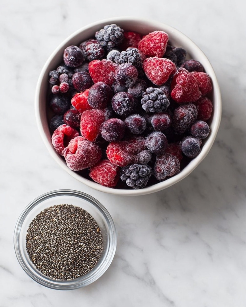 A white bowl filled with a mix of frozen berries including blackberries, raspberries, and blueberries, all showing a light frost on their surface, giving a slightly rough texture with deep purple, bright red, and dark blue colors closely packed together. Next to it, a small clear glass bowl contains tiny chia seeds that are dark grey and light brown, spread evenly inside the bowl. Both bowls sit on a white marbled surface with soft lighting highlighting the frost on the berries and the smooth shine of the glass bowl. Photo taken with an iphone --ar 4:5 --v 7