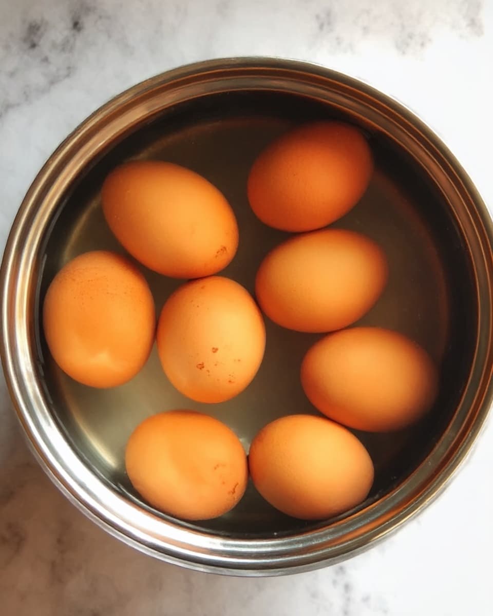 A close-up top view of a pot filled with clear water and nine brown eggs submerged inside, the eggs' smooth shells showing slight reflective spots, the pot having a shiny metal rim and sides, all set against a white marbled background. photo taken with an iphone --ar 4:5 --v 7