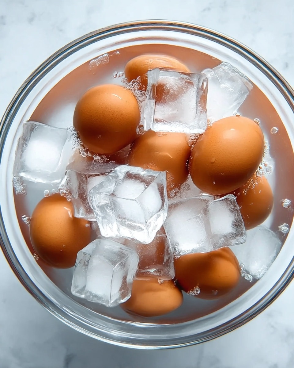 A clear round glass bowl filled with several brown eggs submerged in water, covered with many clear ice cubes that float on the surface, sitting on a white marbled texture background. The eggs are smooth and scattered under the ice, with some small bubbles around them inside the water. The ice cubes have a shiny, wet look with sharp edges and soft shadows, creating a fresh, cold feeling. Photo taken with an iphone --ar 4:5 --v 7