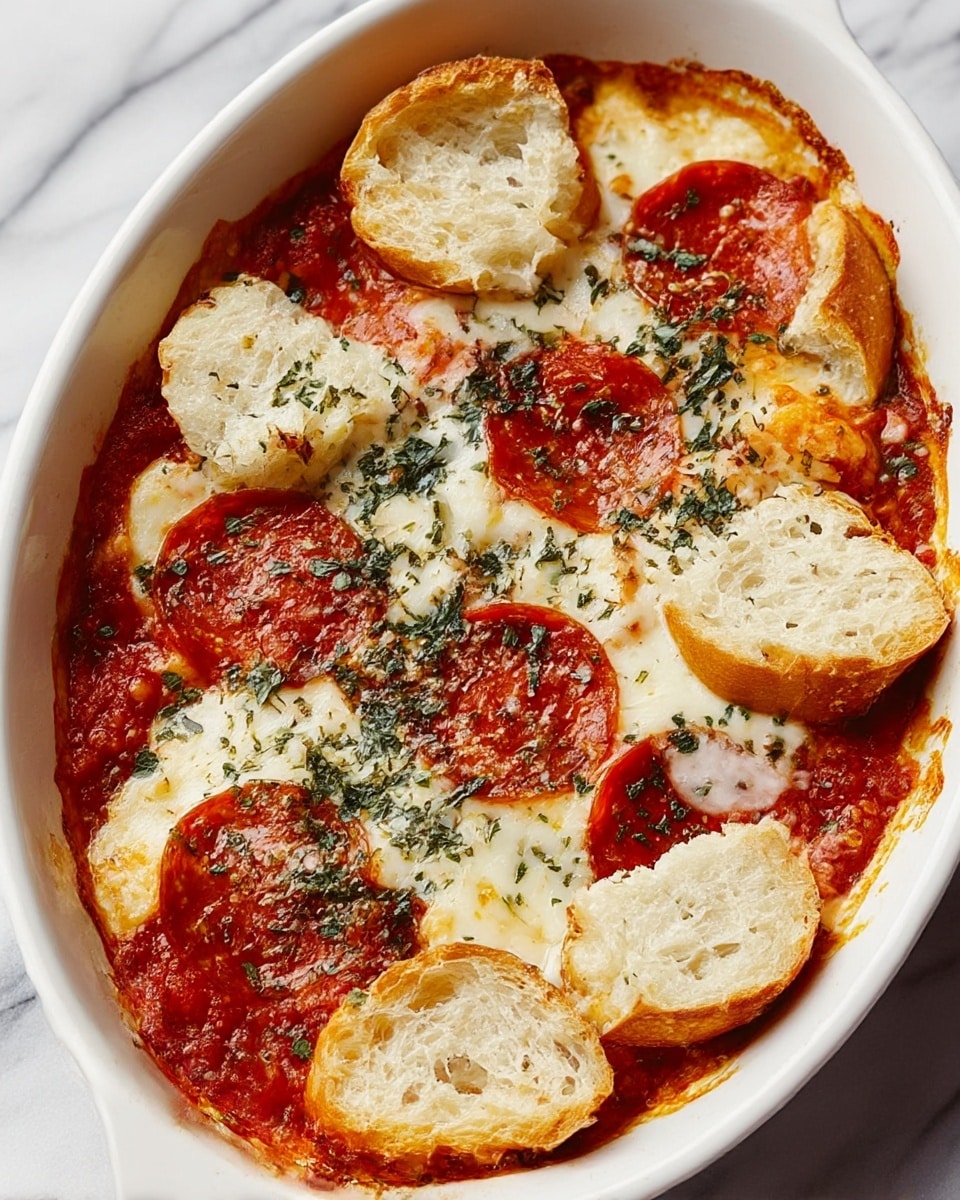 The dish is a white oval casserole filled with layers of melted white cheese topping, thick red pepperoni slices, and rich red tomato sauce. Scattered on top are small green herb flakes, likely oregano and parsley, adding a speckled texture. There are chunks of soft, torn white bread placed across the dish, partially soaked in sauce. The edges of the casserole show baked cheese with a slight golden crust, giving a warm, inviting look. The whole dish rests on a white marbled surface. photo taken with an iphone --ar 4:5 --v 7