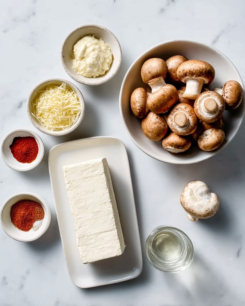 The image shows a white marbled surface with several small white bowls and plates arranged neatly. On the top right, there is a white bowl full of whole brown mushrooms with smooth textures. In the center left, there is a rectangular white plate holding a large block of white cream cheese. Around these, there are smaller white bowls containing light yellow shredded cheese, minced garlic, white powder (likely garlic powder), black pepper, red powder (likely paprika), and a small glass of clear liquid. The overall look is clean and well-organized, with soft natural light highlighting the fresh ingredients photo taken with an iphone --ar 4:5 --v 7