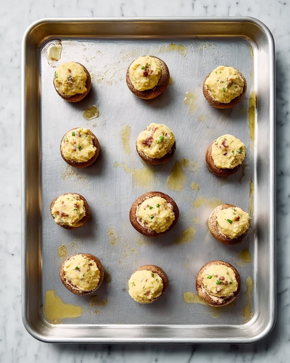 The image shows a metal baking tray with twelve small, round mushroom caps spread out evenly on it, placed on a white marbled surface. Each mushroom cap is topped with a dollop of light yellow, creamy mixture with specks of herbs and small pieces visible inside, giving the topping a slightly lumpy texture. The tray has some oil stains around the mushrooms, adding a shiny, moist look near each one. The mushrooms and topping appear raw and ready to be baked. The background surface is a white marble pattern visible around the tray edges. Photo taken with an iphone --ar 4:5 --v 7