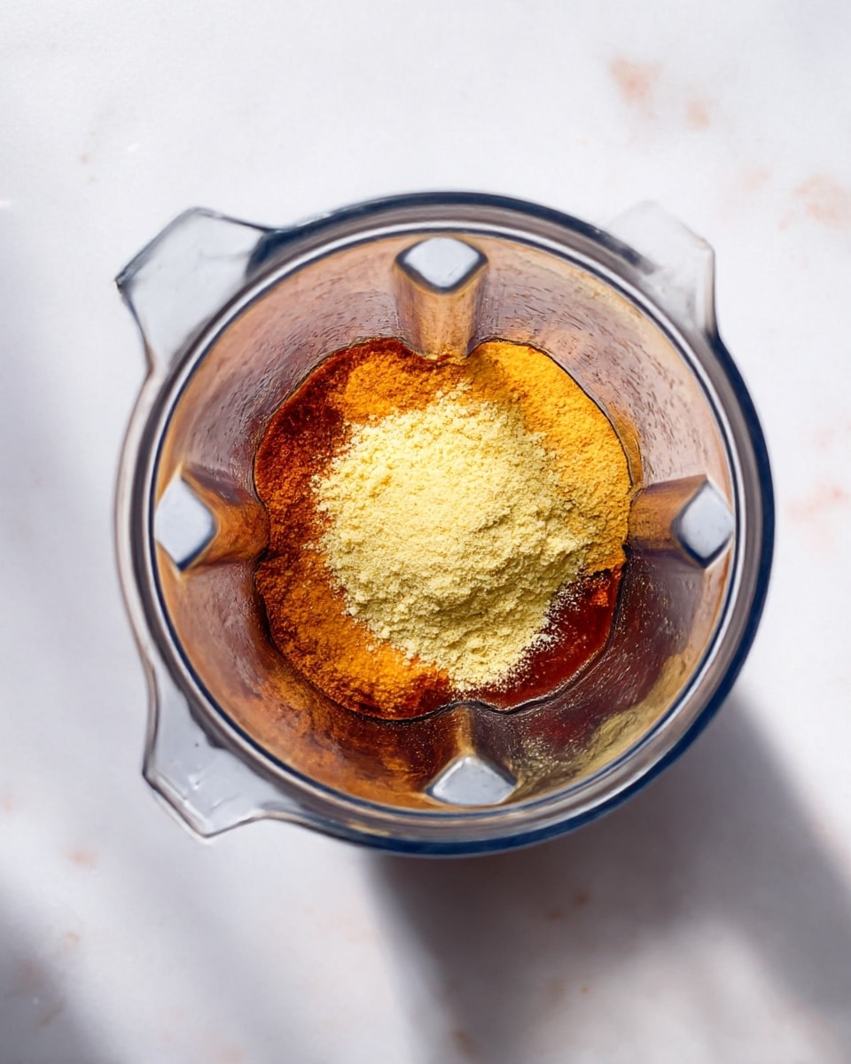 A clear blender jar is shown from above with three main layers inside. The bottom layer is a dark reddish-brown liquid with a smooth texture. On top of that is a thick, slightly grainy bright orange layer. The topmost layer is a small pile of fine, light yellow powder sitting in the center. The jar is placed on a white marbled surface, with soft shadows around it. photo taken with an iphone --ar 4:5 --v 7