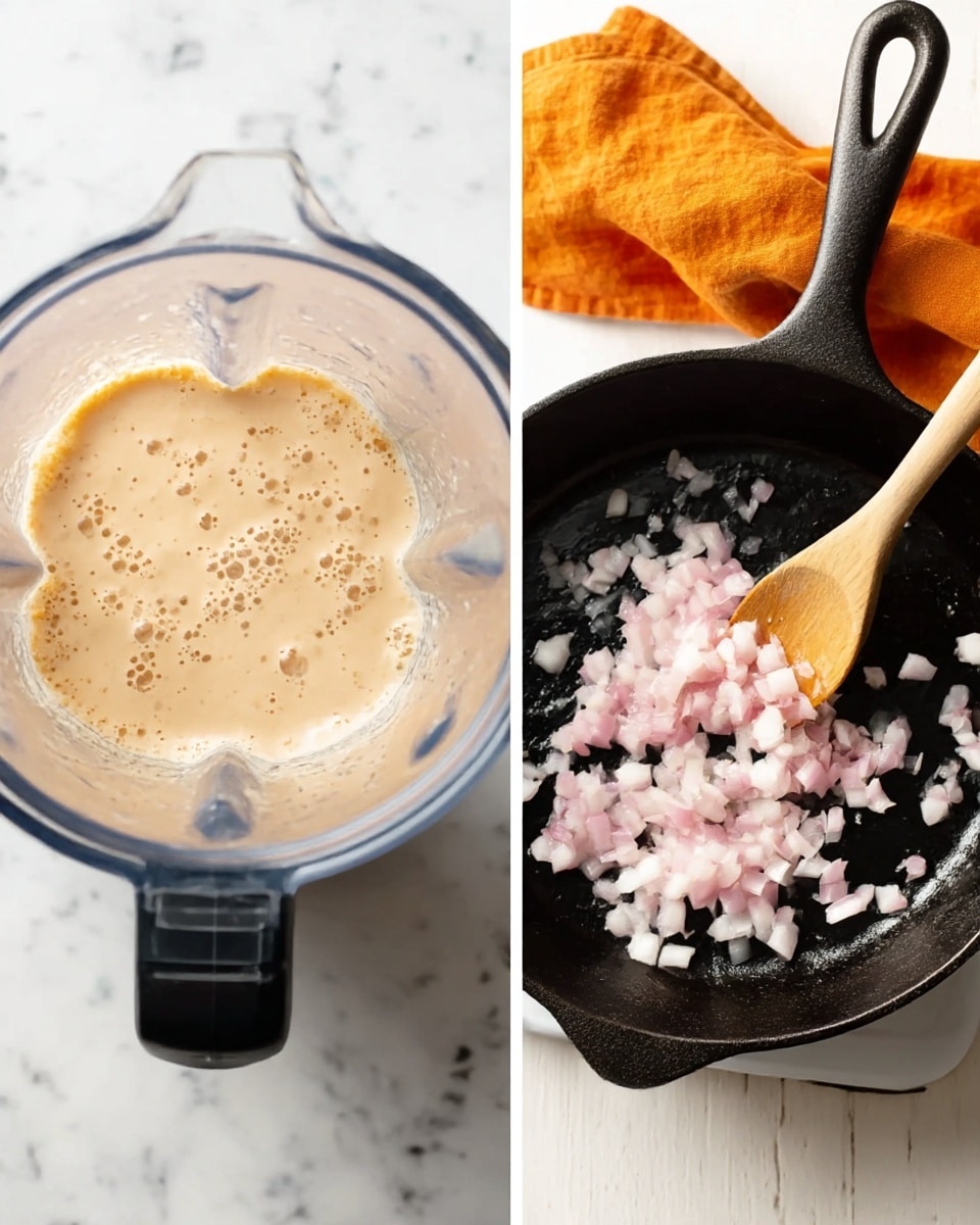 The image on the left shows a clear blender container filled with a smooth, creamy beige mixture with small air bubbles visible on the surface. The blender sits on a white marbled surface. The image on the right shows a close-up of a black cast iron skillet on a stovetop with small pieces of light pink and white diced onions being stirred with a wooden spoon. An orange cloth is visible in the top right corner on the white marbled surface. photo taken with an iphone --ar 4:5 --v 7