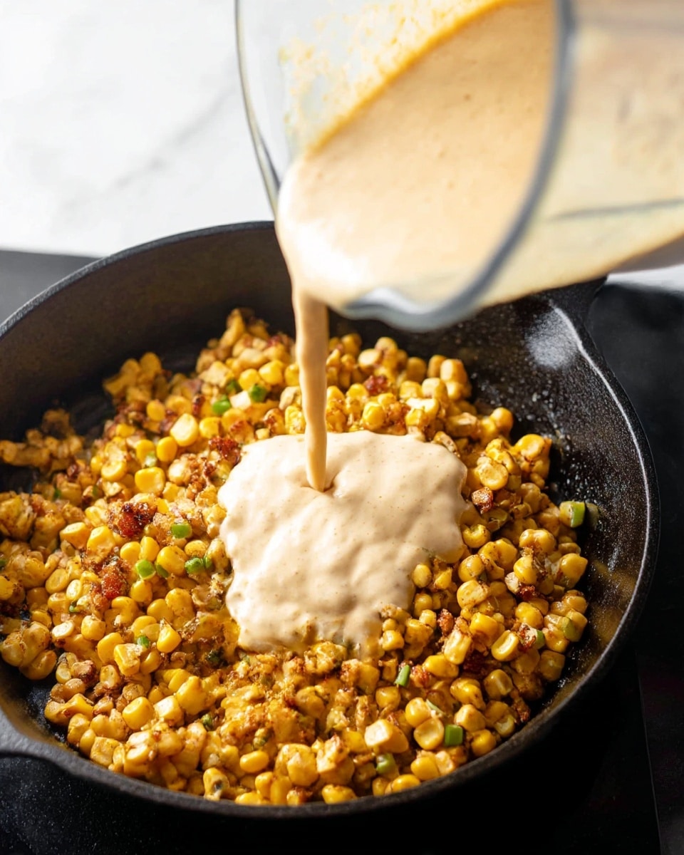 The image shows a close-up of a black cast iron pan filled with cooked corn mixed with small bits of onion and green pepper, all browned and seasoned, giving a warm golden yellow and light brown color with some green spots. A creamy light beige sauce is being poured from a glass blender jar into the pan, creating a thick and smooth layer over the corn mixture. The pan is placed on a black stovetop, with a white marbled surface barely visible around it. The sauce is flowing gently, slightly folding over the textured corn below. Photo taken with an iphone --ar 4:5 --v 7