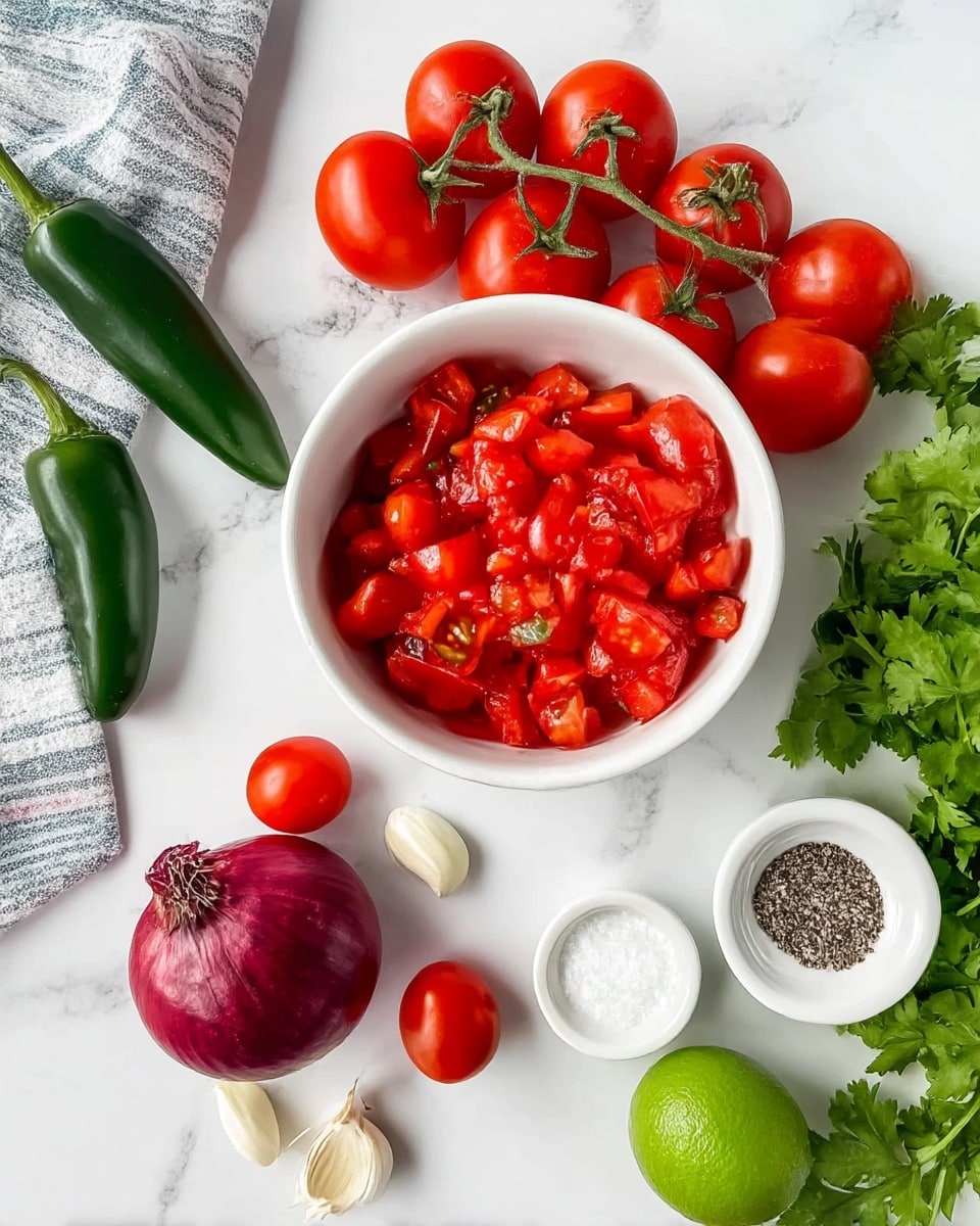 On a white marbled surface, there is a white bowl filled with bright red chopped cherry tomatoes in the middle. Above the bowl, a bunch of fresh whole red tomatoes still attached to their green stems sit together. To the left side, a whole green jalapeño pepper rests on a striped cloth next to a whole red onion. A small cluster of three whole grape tomatoes and three peeled garlic cloves lie below the bowl. Near the right side, a vibrant green lime is placed next to a small white bowl holding salt and black pepper. A bunch of fresh green cilantro lies to the far right, adding a leafy texture. The colors are fresh and vivid with mostly red and green tones and smooth, shiny surfaces photo taken with an iphone --ar 4:5 --v 7