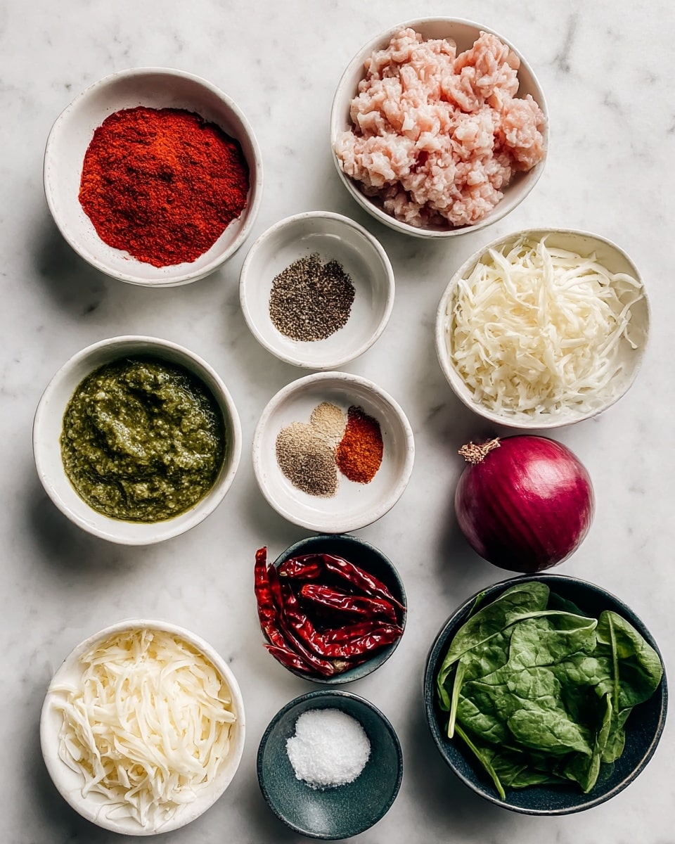 A top view of ten small bowls and one whole red onion arranged on a white marbled surface. In the top row, from left to right, there is a white bowl filled with bright red chili powder and another white bowl filled with chunky light pink ground meat. The second row has a white bowl with green pesto sauce on the left, a small white bowl with black pepper, salt, and red chili powder in the middle, and a white bowl with shredded white cheese on the right. The third row includes a small dark bowl with dried red chili peppers on the left, a tiny white bowl with white granulated seasoning in the middle, and a whole red onion on the right. On the bottom row, there is a white bowl with shredded mozzarella cheese on the left and a dark bowl with fresh green spinach leaves on the right. Photo taken with an iphone --ar 4:5 --v 7