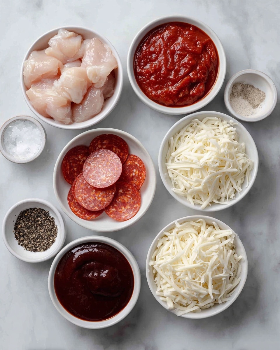 There are seven small white bowls on a white marbled surface. The top left bowl holds pale pink raw chicken pieces with a smooth, slightly shiny texture. To its right, a bowl is filled with thick, bright red tomato sauce with a chunky texture. Below the chicken is a bowl with white shredded cheese, next to it on the right is another bowl with a similar amount of shredded white cheese but slightly softer looking. Below the cheese, there is a bowl with several round slices of red pepperoni showing white fat spots. At the bottom left is a bowl filled with thick, dark reddish-brown barbecue sauce. To the right of that, two small bowls contain black pepper and coarse white salt. Photo taken with an iphone --ar 4:5 --v 7