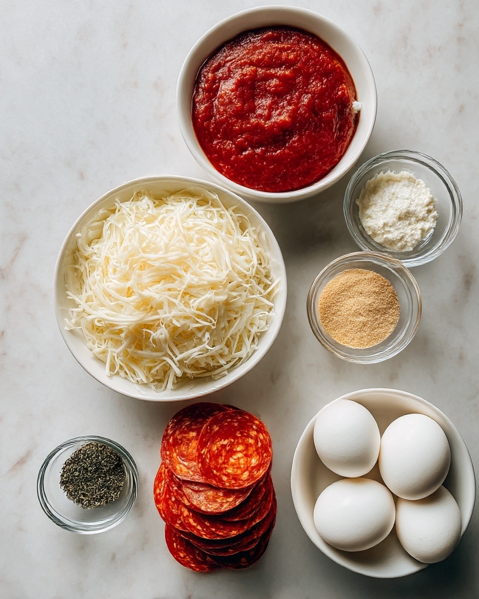 The image shows six bowls arranged on a white marbled surface. In the top left bowl is a thick, red tomato sauce with a smooth texture. To its right is a bowl filled with white, crumbly ricotta cheese. Below the tomato sauce is a white bowl piled high with shredded mozzarella cheese in long, thin strands. Next to the mozzarella, to the right, is a small clear glass bowl holding a light tan powder, likely garlic powder. Below this is a stack of seven round, red pepperoni slices with white and yellow specks, lying flat on the white surface. At the bottom left is a small clear glass bowl filled with dried green herbs. Finally, at the bottom right, there is a white bowl containing four large eggs with smooth white shells. The photo taken with an iphone --ar 4:5 --v 7