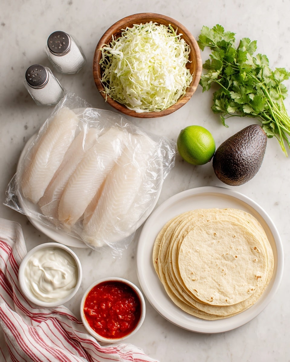 The image shows raw tilapia fillets inside a clear plastic bag, placed on a white plate at the bottom center. Above the plate, there is a small wooden bowl filled with shredded white cabbage. To the right of the bowl, a stack of soft, pale yellow tortillas is neatly arranged on a white plate. On the top right, there is a whole dark brown avocado and a bright green lime. Near the top left, two small glass salt and pepper shakers are seen next to some fresh green cilantro leaves. On the left side of the image, two small white bowls contain bright red salsa and smooth white sour cream. A white marbled surface serves as the background, and a towel with red and white stripes peeks from the bottom left corner. Photo taken with an iphone --ar 4:5 --v 7