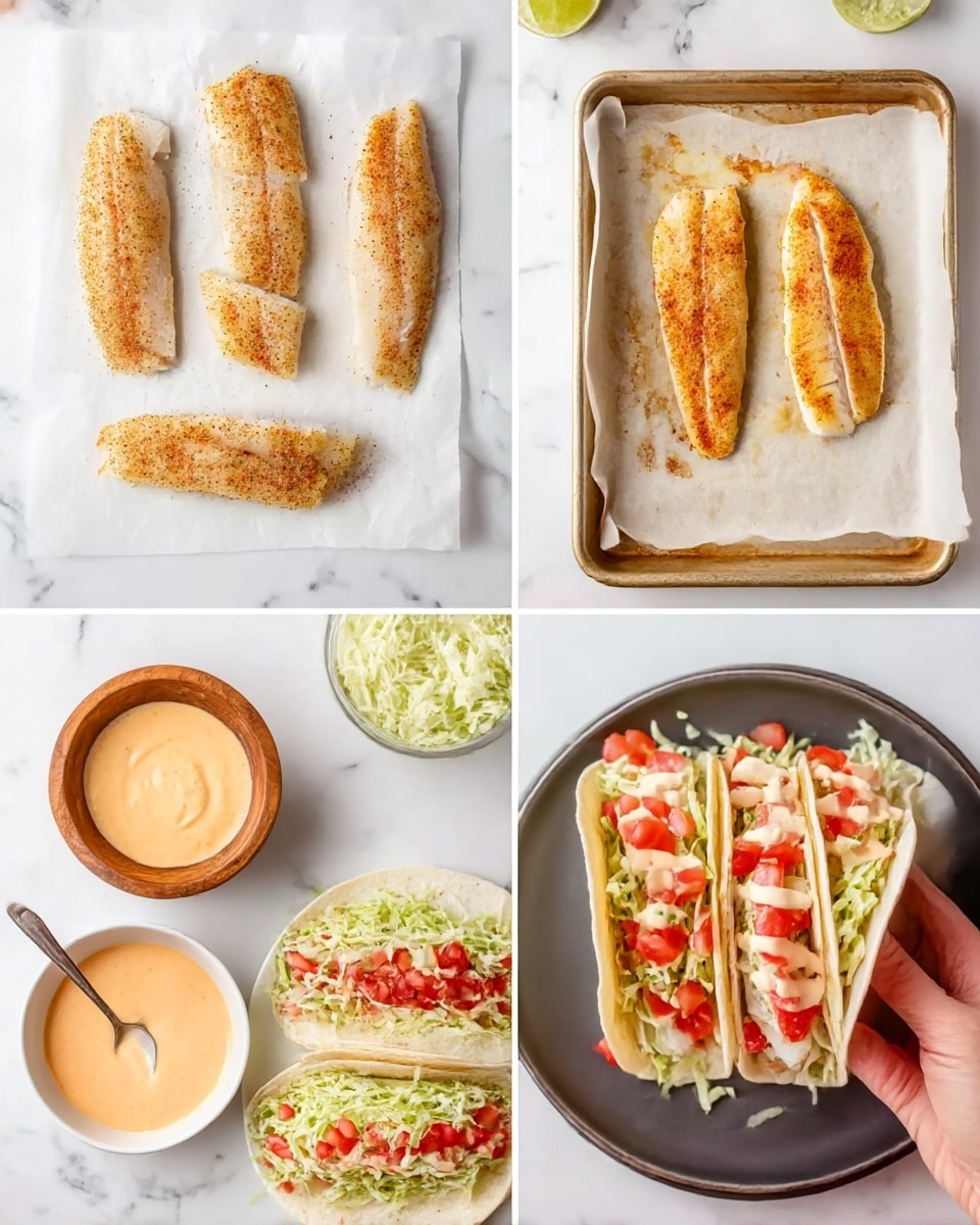 The image is divided into four smaller images, each showing a step in preparing a dish. The top left shows five light-colored fish fillets, seasoned with spices, laid out in a row on a white parchment paper on a white marbled surface. The top right shows the same five fillets now cooked, with a golden brown color and a slightly crispy texture, still on parchment paper in a baking tray. The bottom left shows a small wooden bowl filled with a creamy light orange sauce, with a spoon inside it, next to a white plate holding a soft taco shell and some shredded cabbage. The bottom right shows three assembled tacos in white taco shells placed on a dark plate, filled with pieces of the cooked fish, shredded cabbage, a dollop of the creamy sauce, and diced red tomatoes, garnished with some green herbs, all on a white marbled surface. A woman's hand is holding a taco on the right side. Photo taken with an iphone --ar 4:5 --v 7