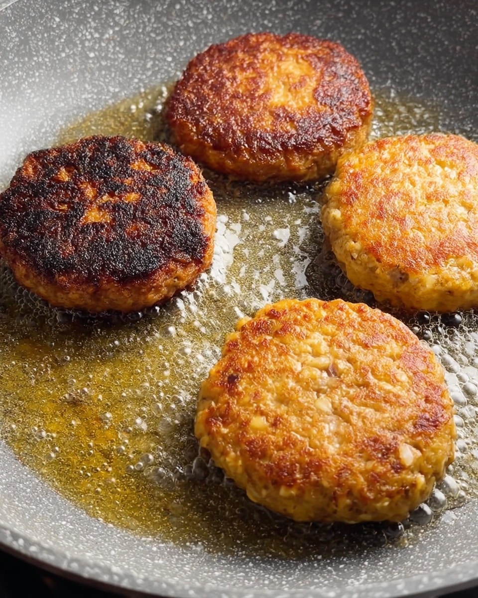 Four round patties are frying in a pan with bubbling oil. Two patties have a dark brown, almost charred, crispy top layer with rough texture, while the other two have a golden brown top with a slightly crunchy texture. The patties are thick with uneven surfaces showing bits of grains or small pieces in the meat. The pan is a speckled gray non-stick type, and the bubbling oil around the patties adds a shiny, wet look. photo taken with an iphone --ar 4:5 --v 7