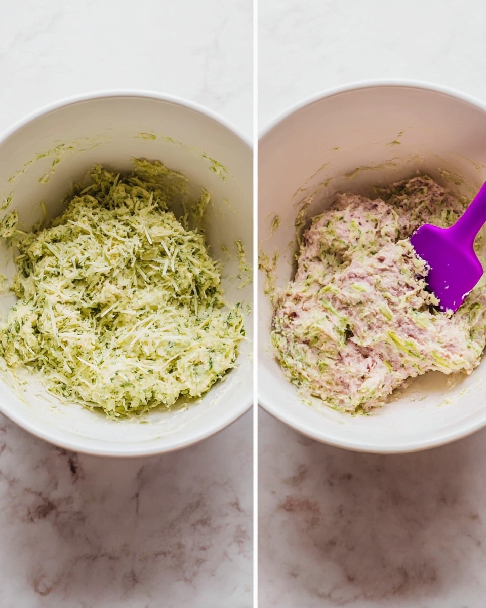 Two side-by-side images show mixing bowls on a white marbled surface. The left bowl is white and holds a pale green mixture that looks grainy and soft, with small shredded pieces of a vegetable evenly spread throughout. The right bowl is also white and contains a thicker, light pink chunky mixture with the same green bits mixed in, with a bright purple spatula partly visible inside. Both bowls have a smooth, round shape and the mixtures look moist and ready for cooking photo taken with an iphone --ar 4:5 --v 7