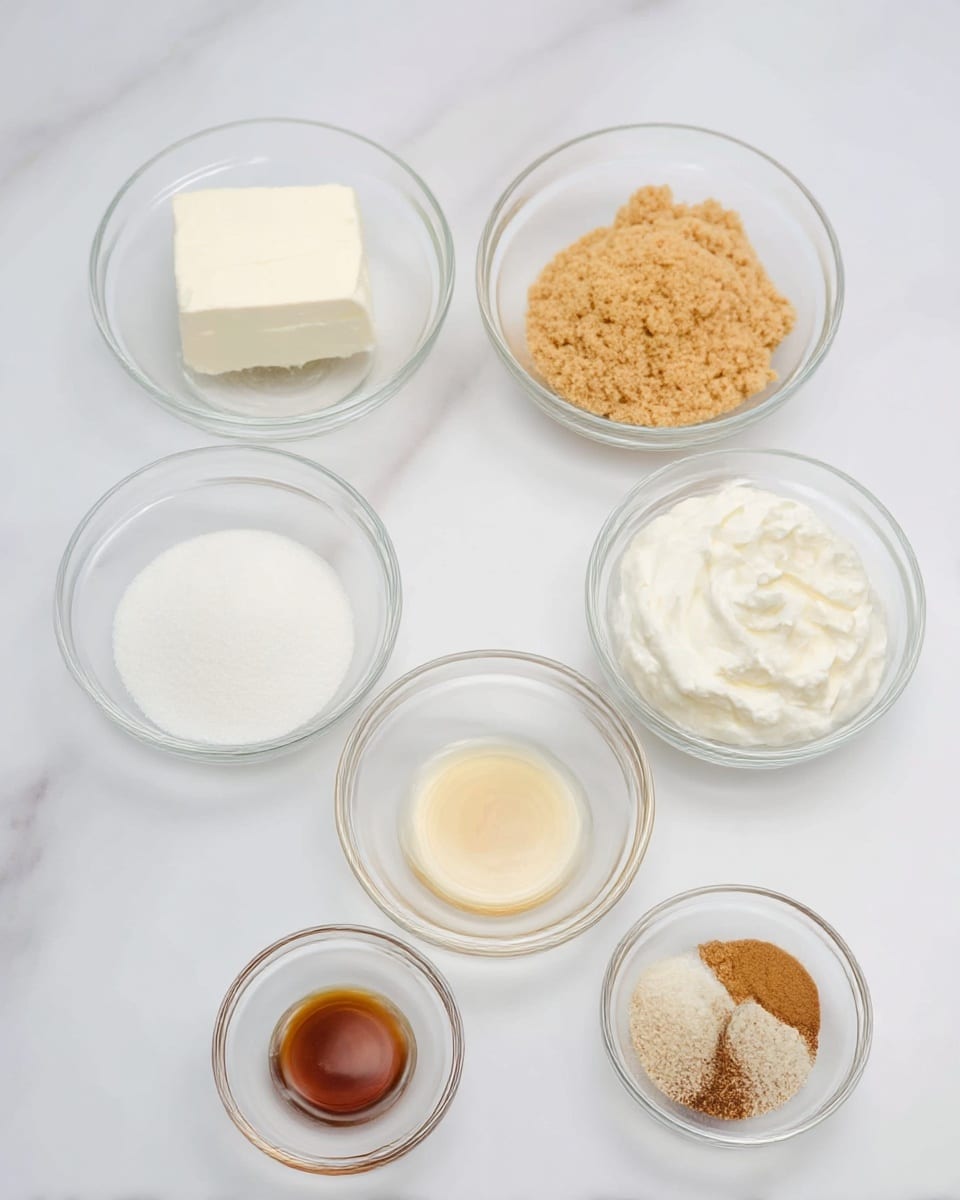 The image shows seven clear glass bowls arranged on a white marbled surface. In the top row, from left to right, there is a bowl with a block of white cream cheese, a bowl with light brown graham cracker crumbs, and a bowl with white thick yogurt or sour cream. The middle bowl contains white granulated sugar. In the bottom row, from left to right, there is a bowl with a small amount of light brown liquid vanilla extract, a bowl with a slightly darker brown liquid, likely maple syrup, and a small bowl with a mix of brown and white powdered spices. The scene is bright and simple, with no other items in view. Photo taken with an iphone --ar 4:5 --v 7