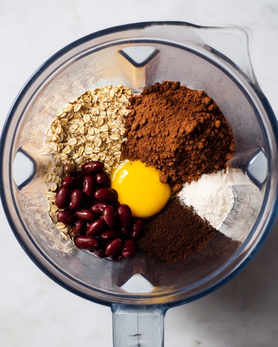 A top view of a clear blender filled with separate ingredients: dark red beans on the bottom left, a yellow egg with a bright yolk next to the beans, a pile of light brown oats on the far left, a large heap of dark brown cocoa powder on the top center, a small mound of white powder next to the cocoa, and some finely ground dark brown coffee on the right side, all sitting on a white marbled surface photo taken with an iphone --ar 4:5 --v 7