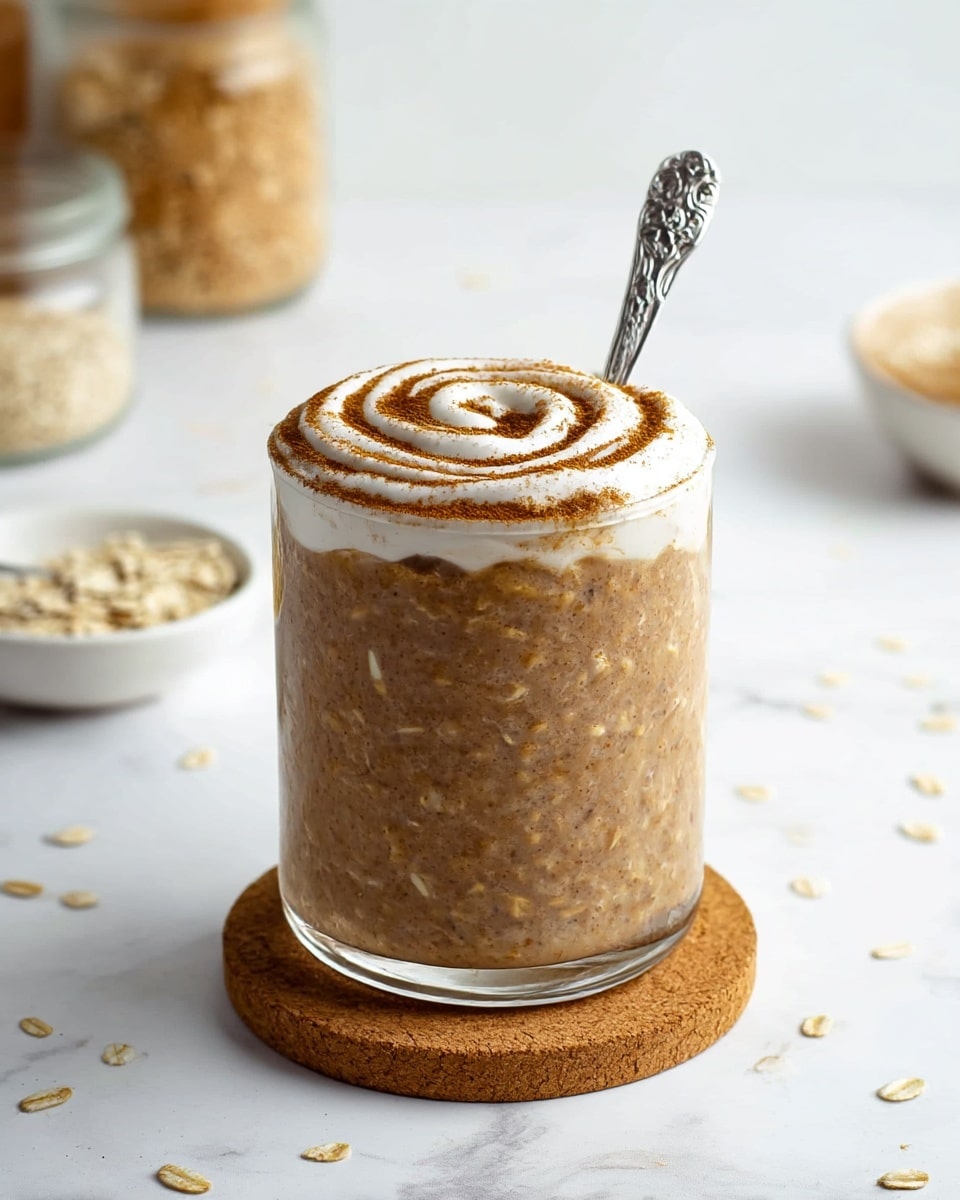 A clear glass is filled with a thick, brownish oatmeal mixture that fills the glass to the top, showing a rough texture with visible oats. On top, there is a darker brown layer of cinnamon dusting the surface, with a swirl of white cream drizzled in a circular pattern. A decorative silver spoon is placed inside the glass. The glass sits on a small round cork coaster, and the background is a white marbled surface with scattered oat flakes, with blurred jars and a bowl in the distance. Photo taken with an iphone --ar 4:5 --v 7