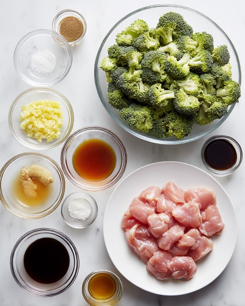 The image shows ingredients arranged neatly on a white marbled surface. On the bottom right is a white plate with raw pink chicken pieces. To the top left of the chicken is a large clear glass bowl filled with fresh green broccoli florets. Surrounding the plates are smaller clear glass bowls with various ingredients: finely chopped light yellow ginger, white minced garlic, white powder, dark brown liquid, light amber liquid, and other light brown sauces in different sized bowls. The overall arrangement is clean and clear, with a bright natural light highlighting the colors and textures of each ingredient. photo taken with an iphone --ar 4:5 --v 7